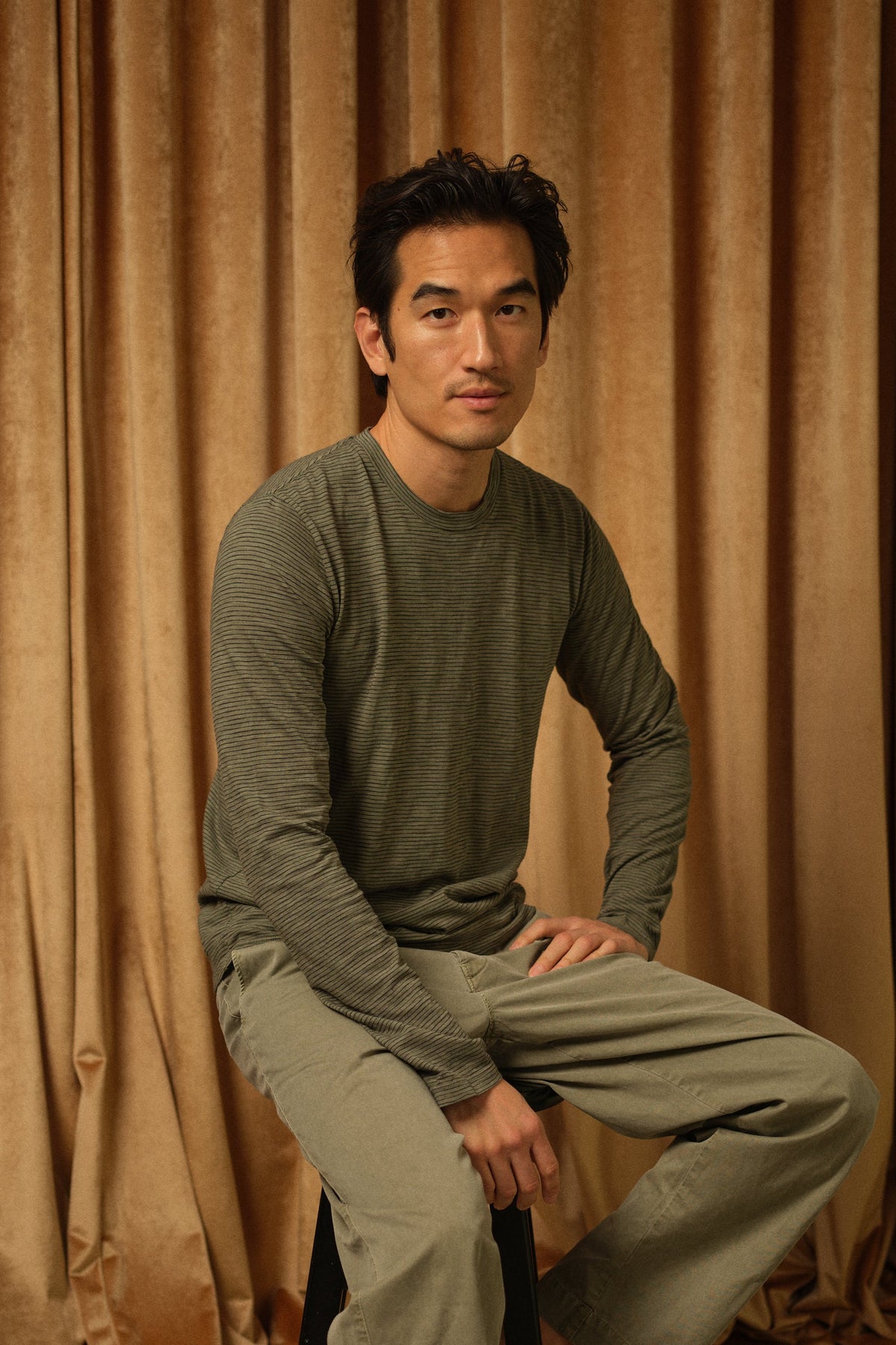 Olive long-sleeve crew tee with thin stripe texture