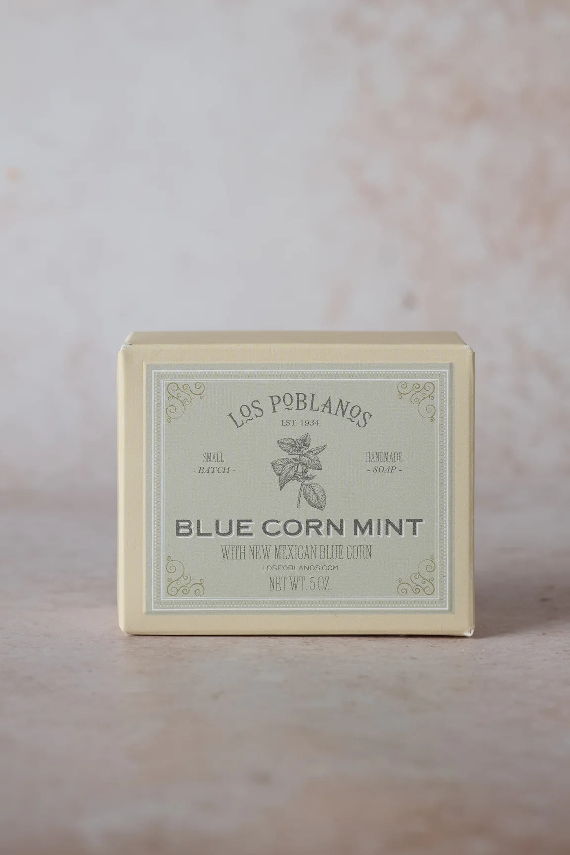 Los Poblanos Blue Corn Mint bar soap in cream label box
