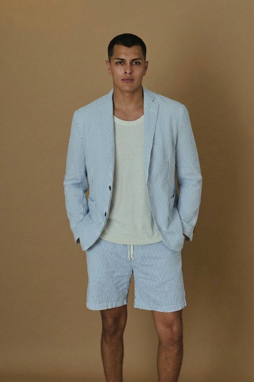 Light blue striped cotton-hemp blazer with notch lapels and button front
