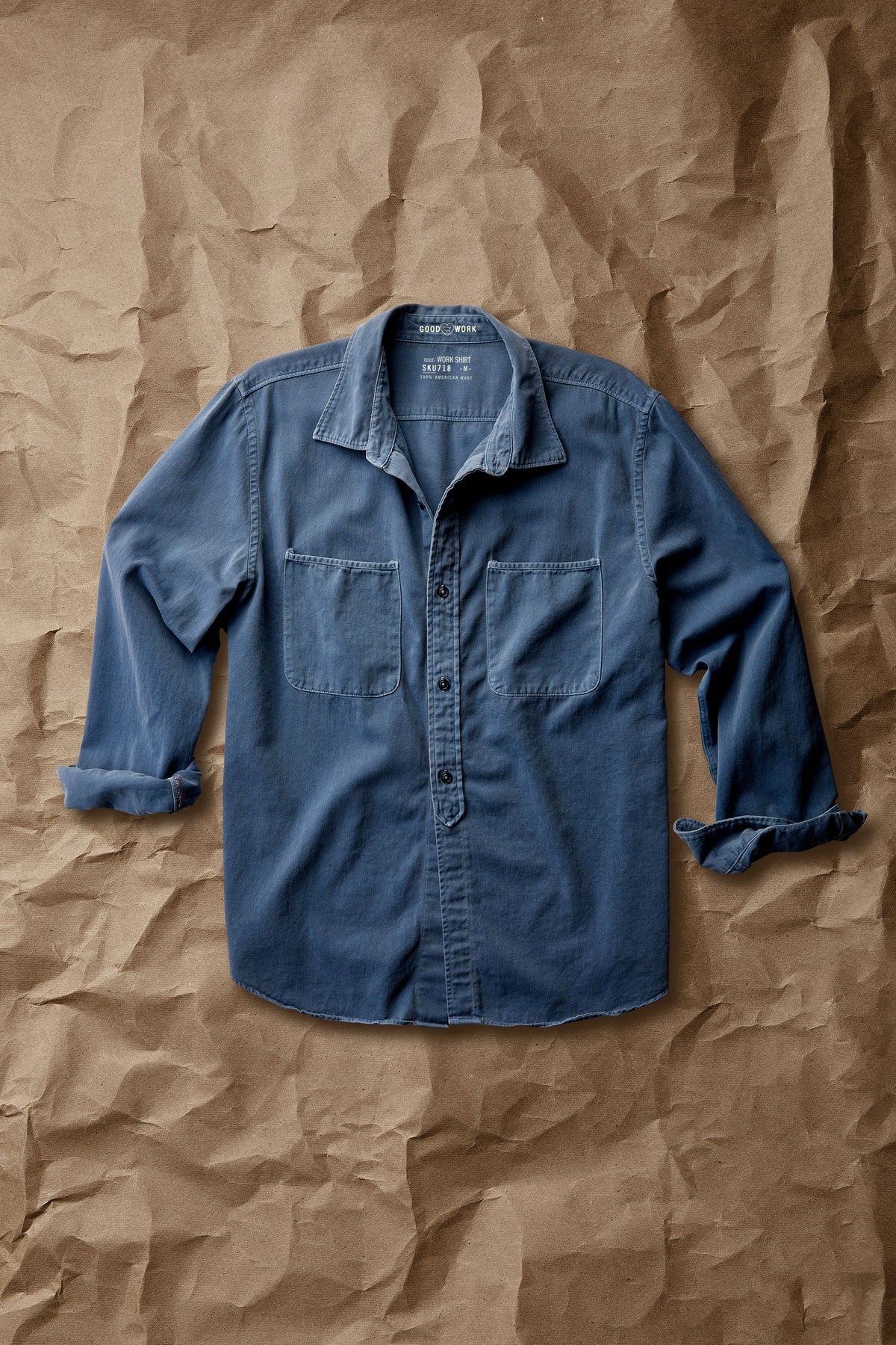 Denim blue twill work shirt, long sleeves, button-front, chest pocket
