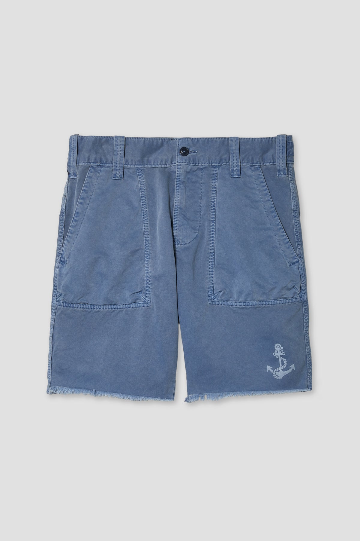 Union blue anchor graphic surplus shorts with front fly and side pockets