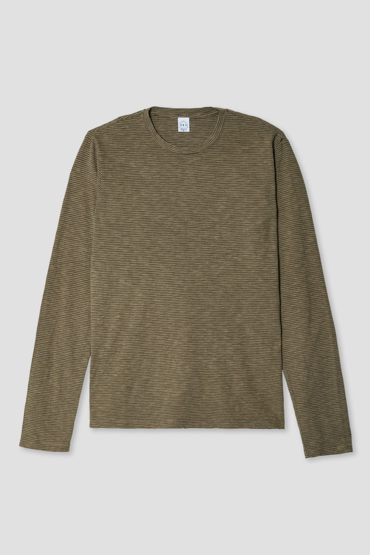 Olive-brown long-sleeve crew tee with thin stripe texture