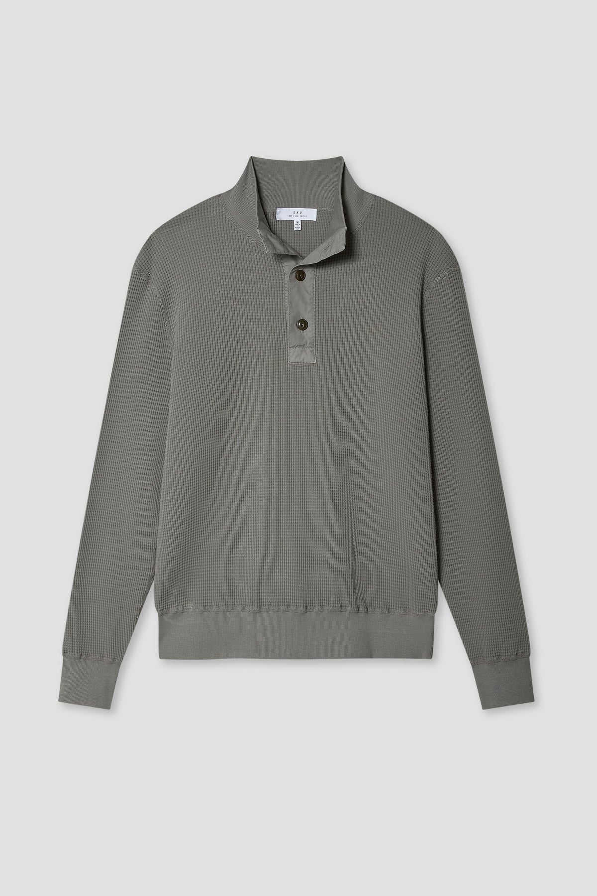 Gray waffle mock neck pullover sweater with button placket and long sleeves