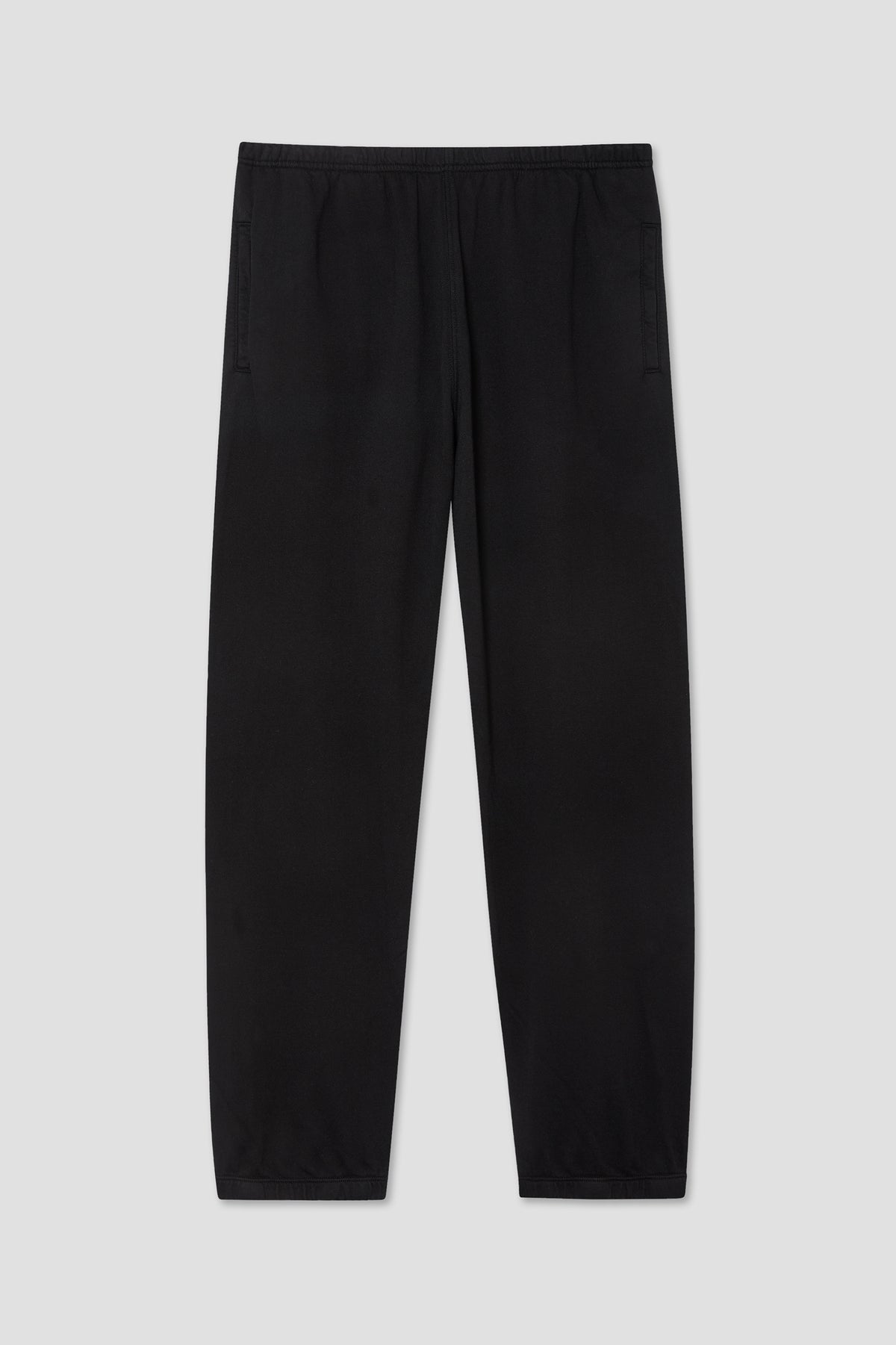 Black fleece sweatpants with elastic waistband and cuffed hem