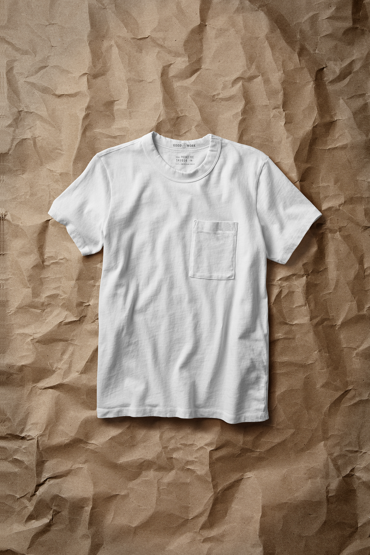White jersey short-sleeve pocket tee with square chest pocket, crew neckline