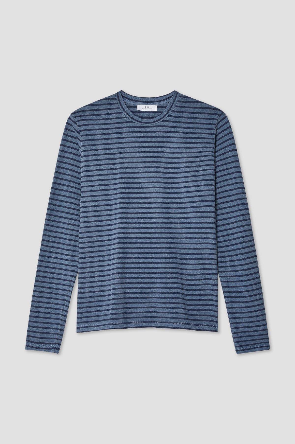 Long-sleeve crew neck tee with blue-and-navy horizontal stripes