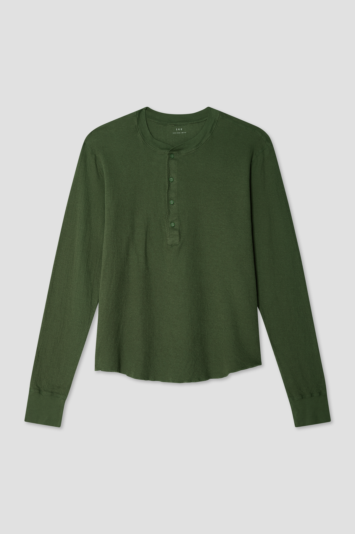 Long-sleeve henley shirt in deep green with button placket and crew neckline