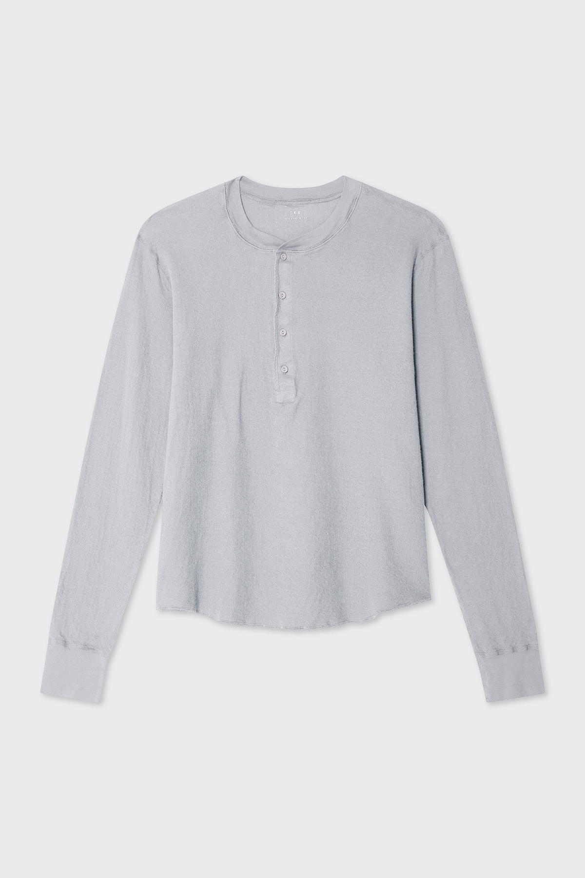 Long-sleeve henley shirt in light gray with button placket and crew neckline