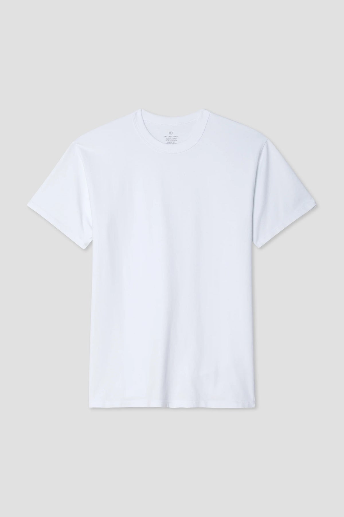 Recycled jersey PE tee in white, short sleeves, crew neck, front view.