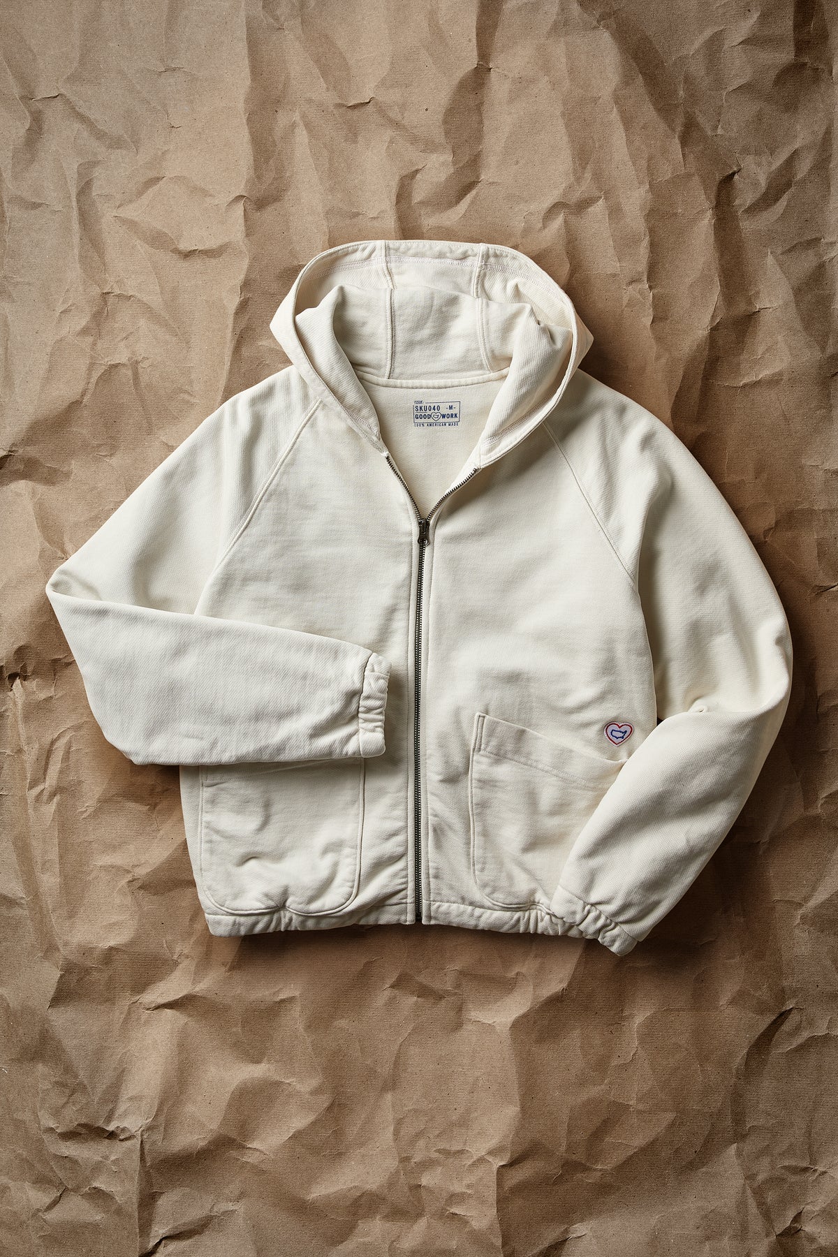 White double-layer zip-up hoodie with hood, front zipper and kangaroo pocket