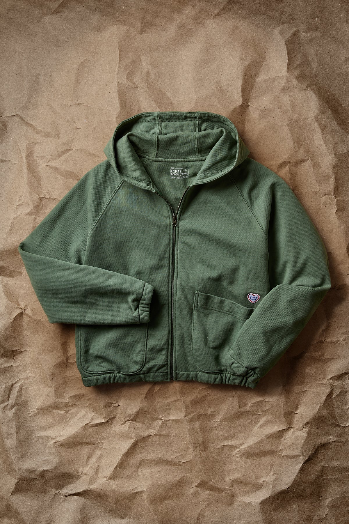 Green double-layer zip-up hoodie with hood, front zipper and kangaroo pocket