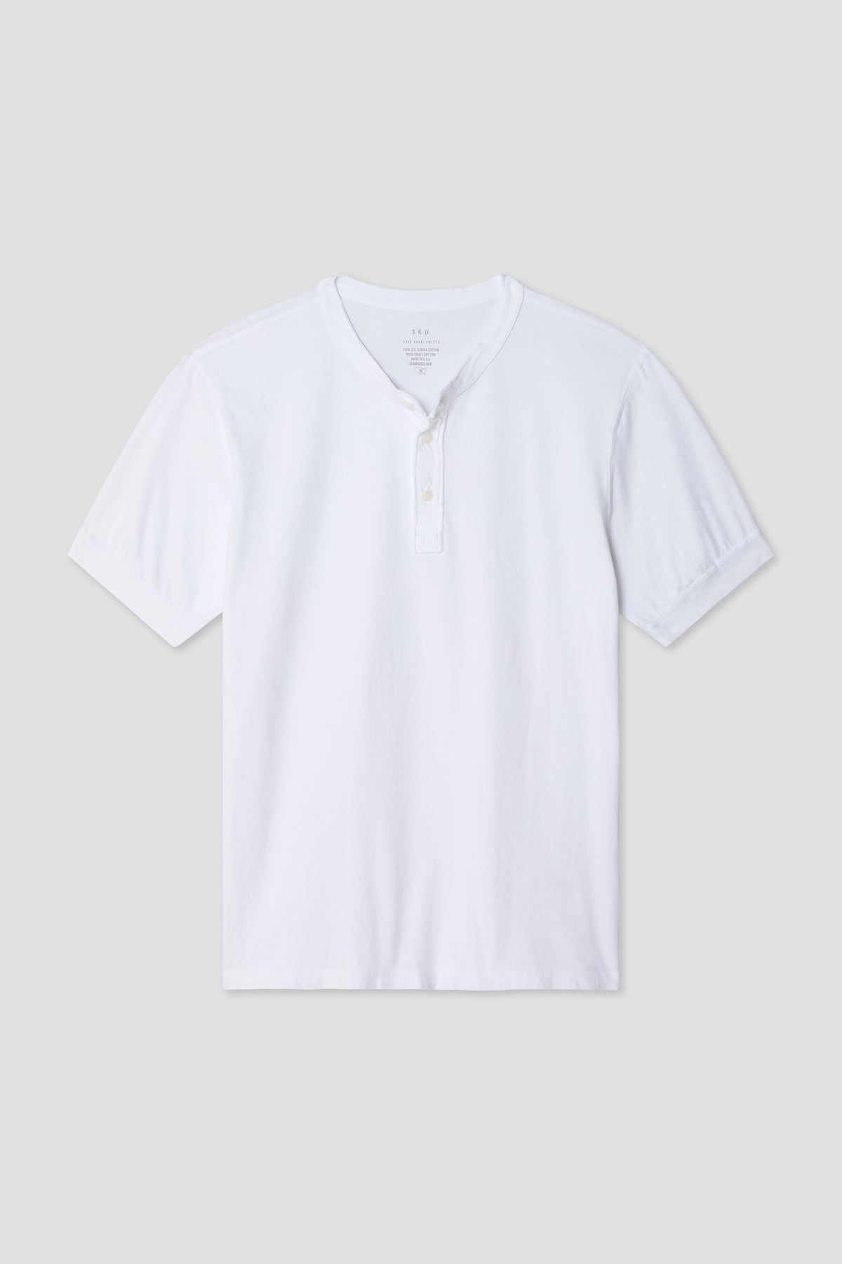 White short-sleeve henley shirt with V-neck and 3-button placket