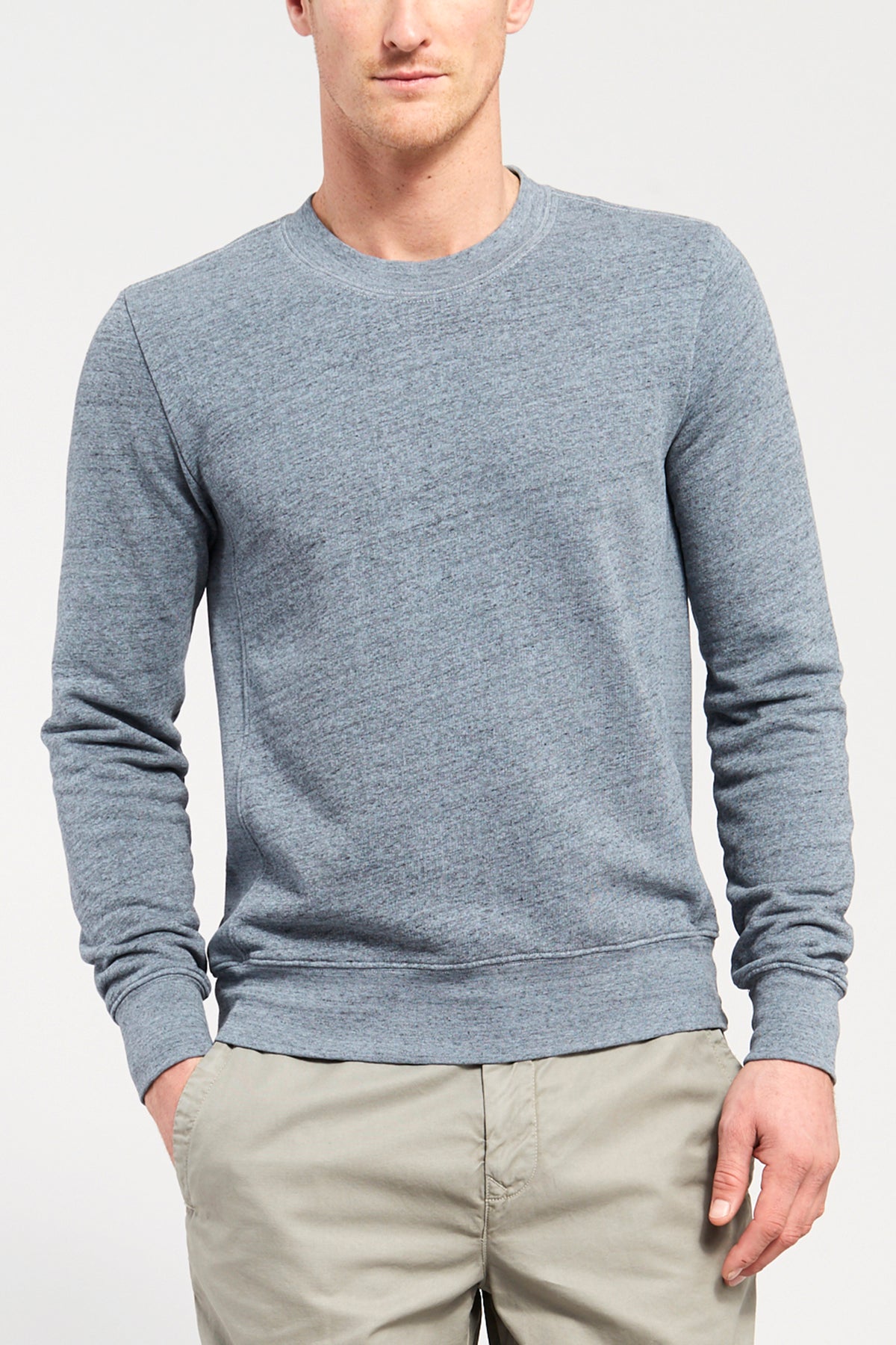 Blue heather French terry sweatshirt with crew neck and ribbed hem