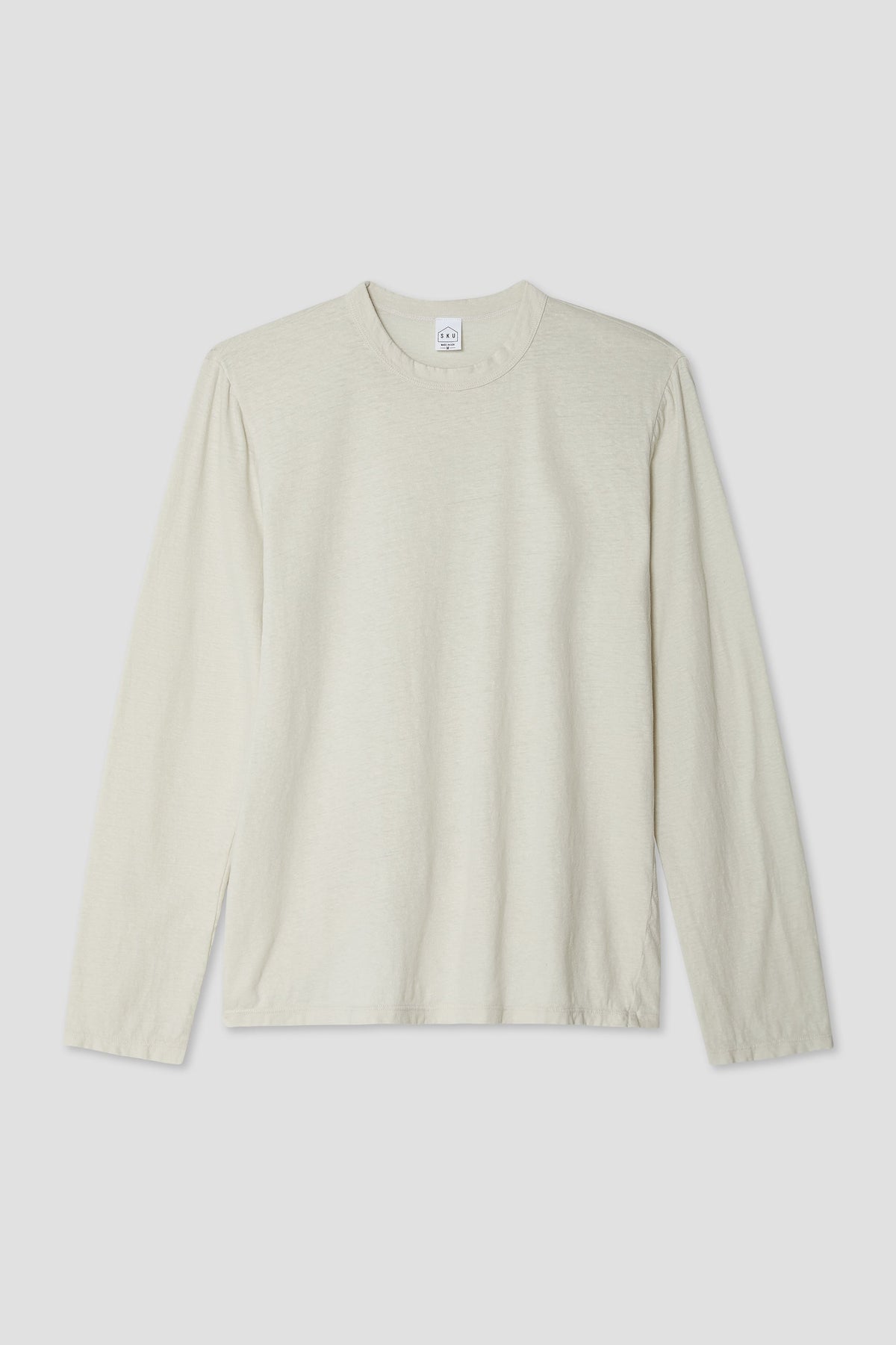 Light cream long-sleeve crewneck lounge tee, organic cotton and hemp blend.