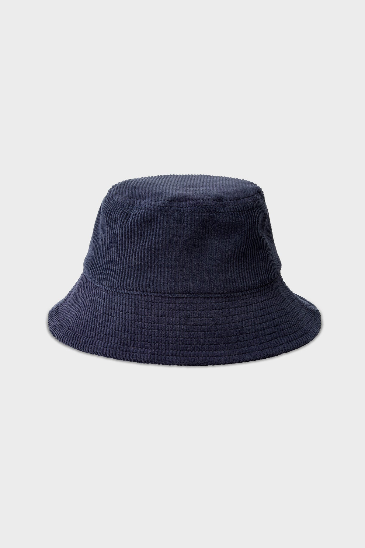 Navy wide-wale bucket hat with ribbed texture and wide, flat brim.
