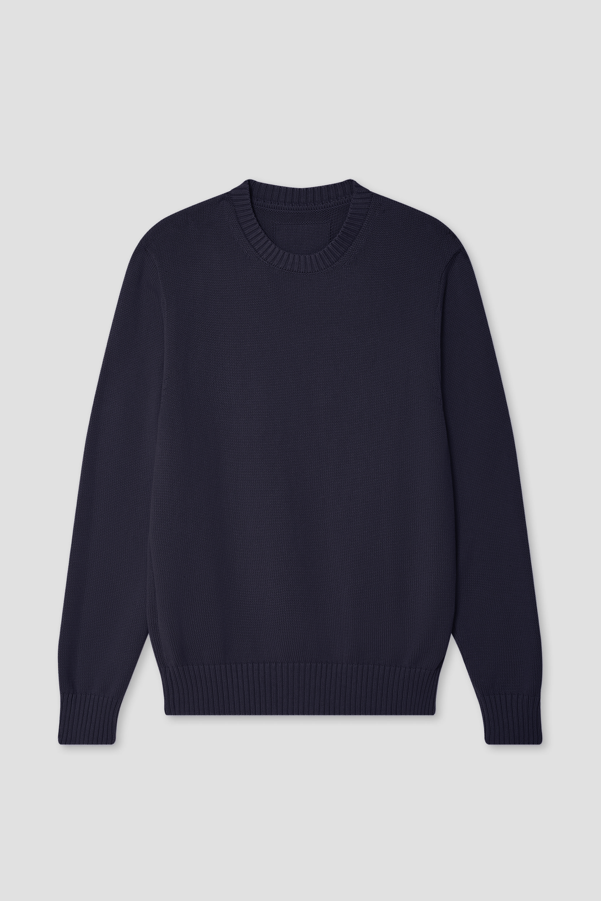 Navy cotton crewneck sweater with ribbed cuffs and hem