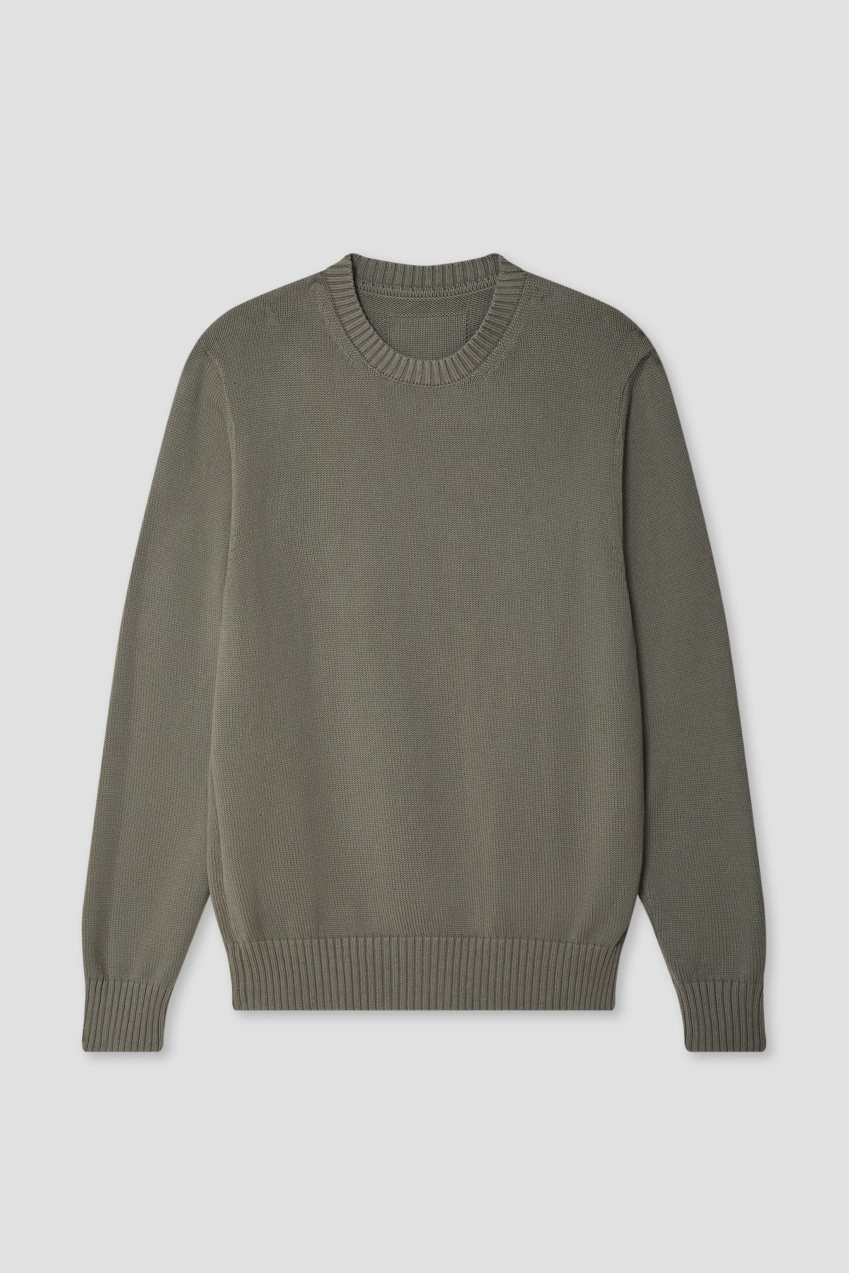 Olive green cotton crewneck sweater with ribbed cuffs and hem