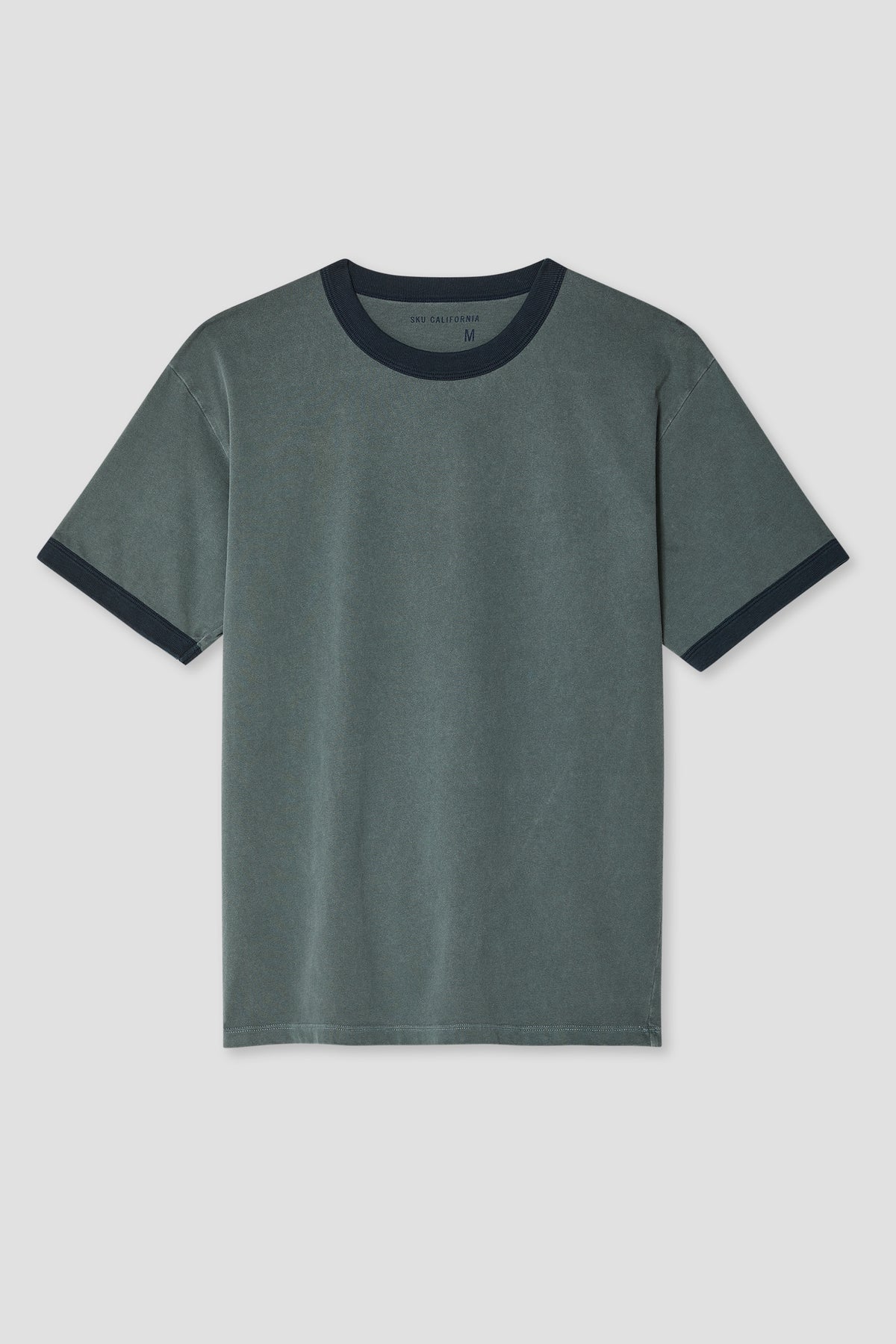 Petrol green ringer t-shirt with dark navy crew neck trim and short sleeves