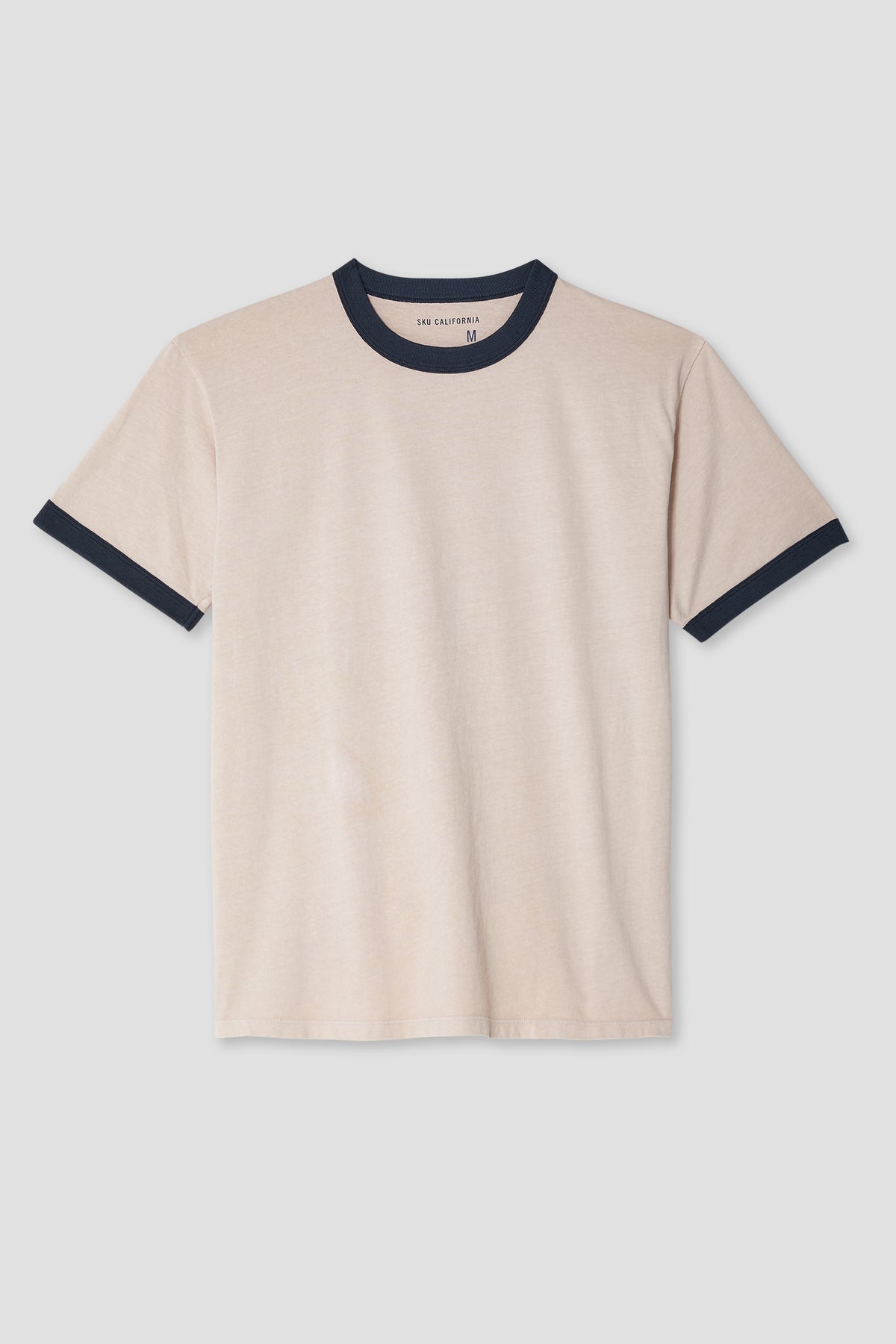 Tea beige ringer t-shirt with dark navy crew neck trim and short sleeves