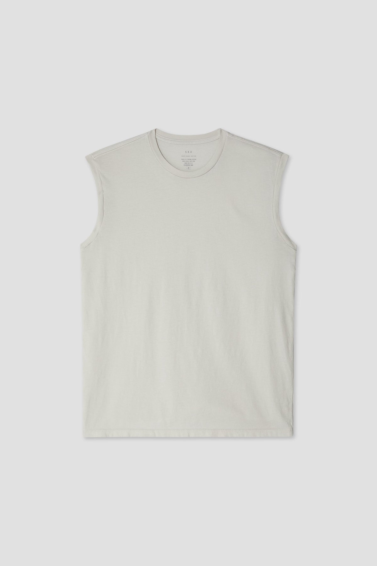 Men's sleeveless muscle tee in light cream, crew neck, straight hem