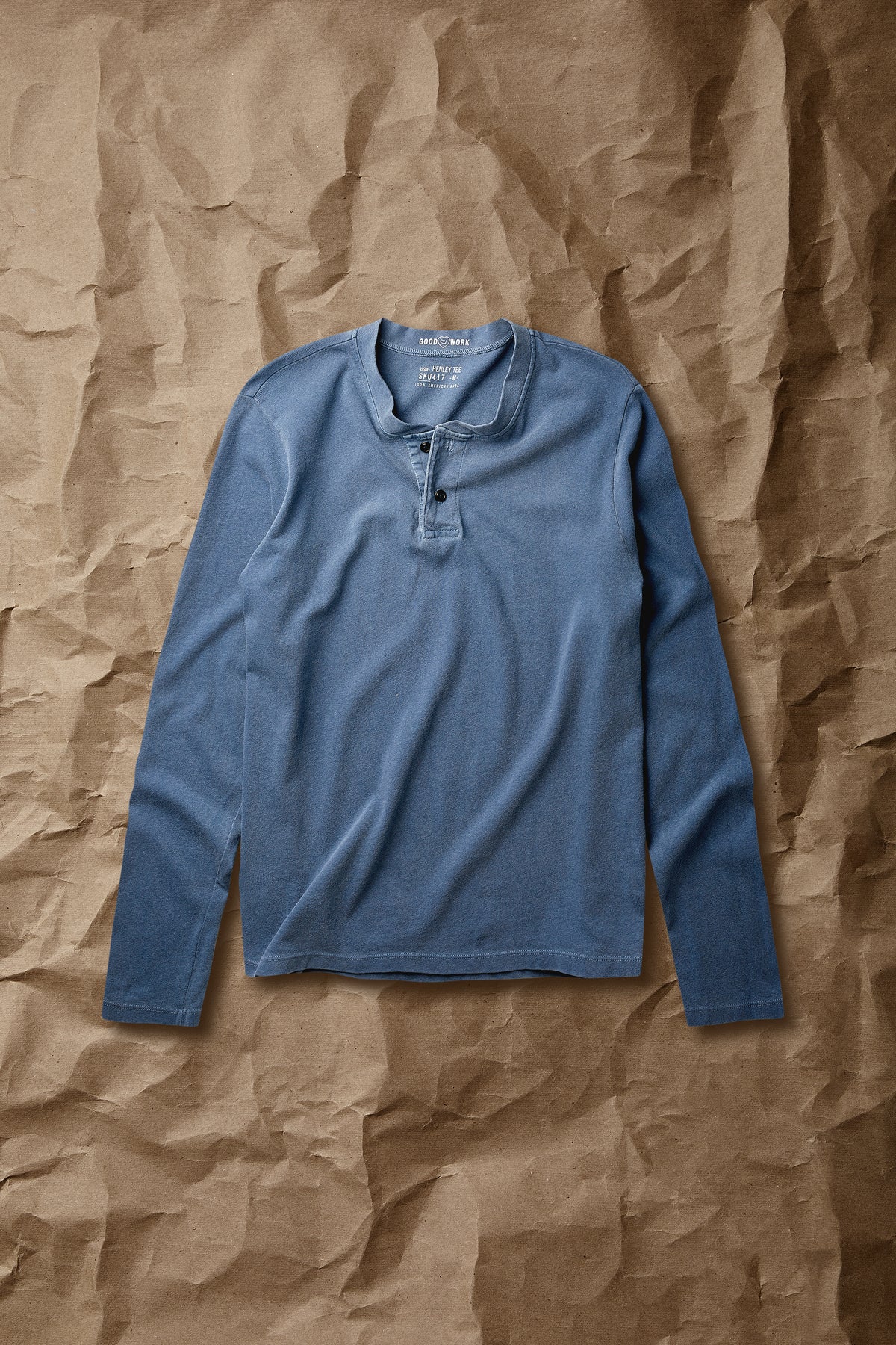 Denim blue long-sleeve jersey henley shirt with short button placket