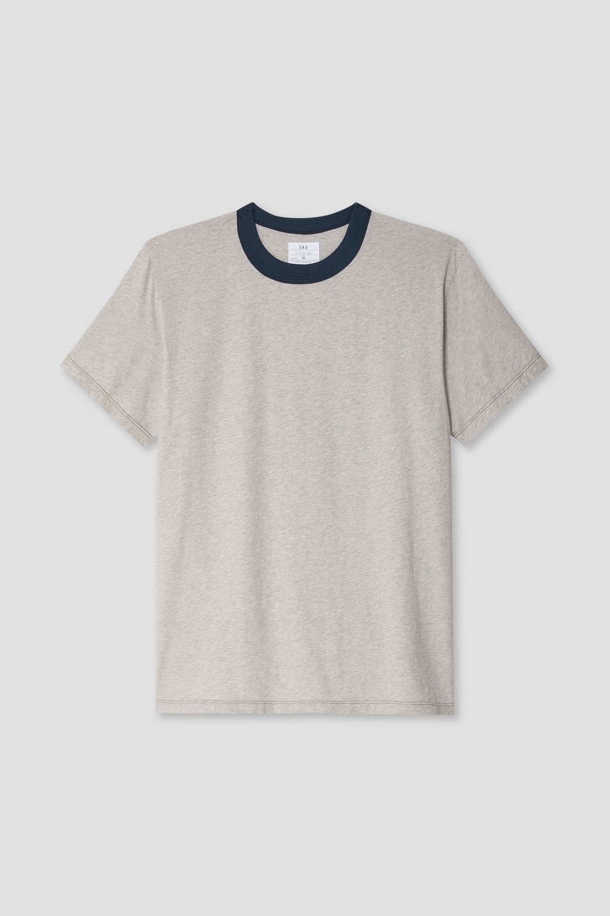 Men's petal pink ringer tee with navy crew collar and short sleeves