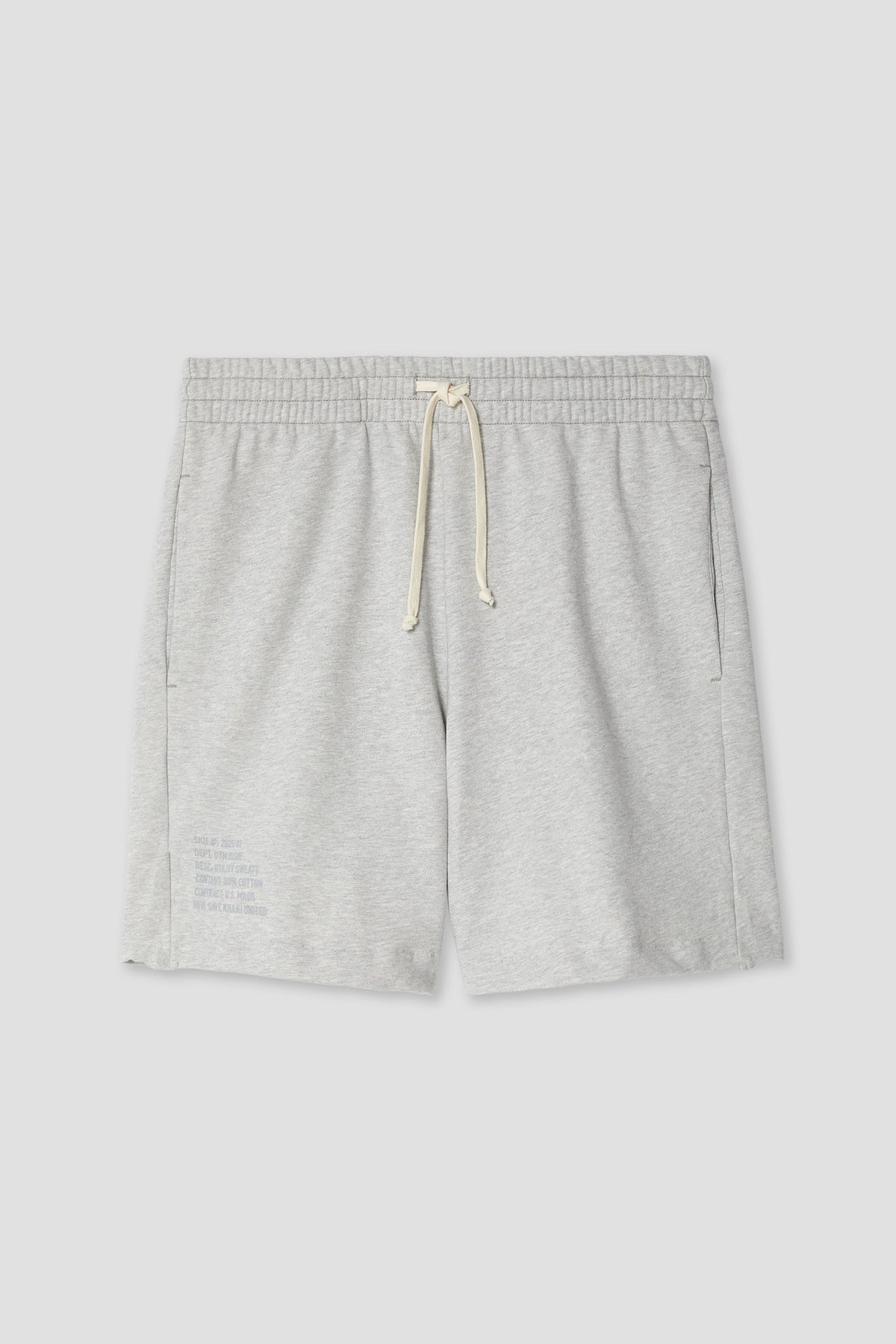 Light grey terry shorts with elastic waistband and yellow drawstring