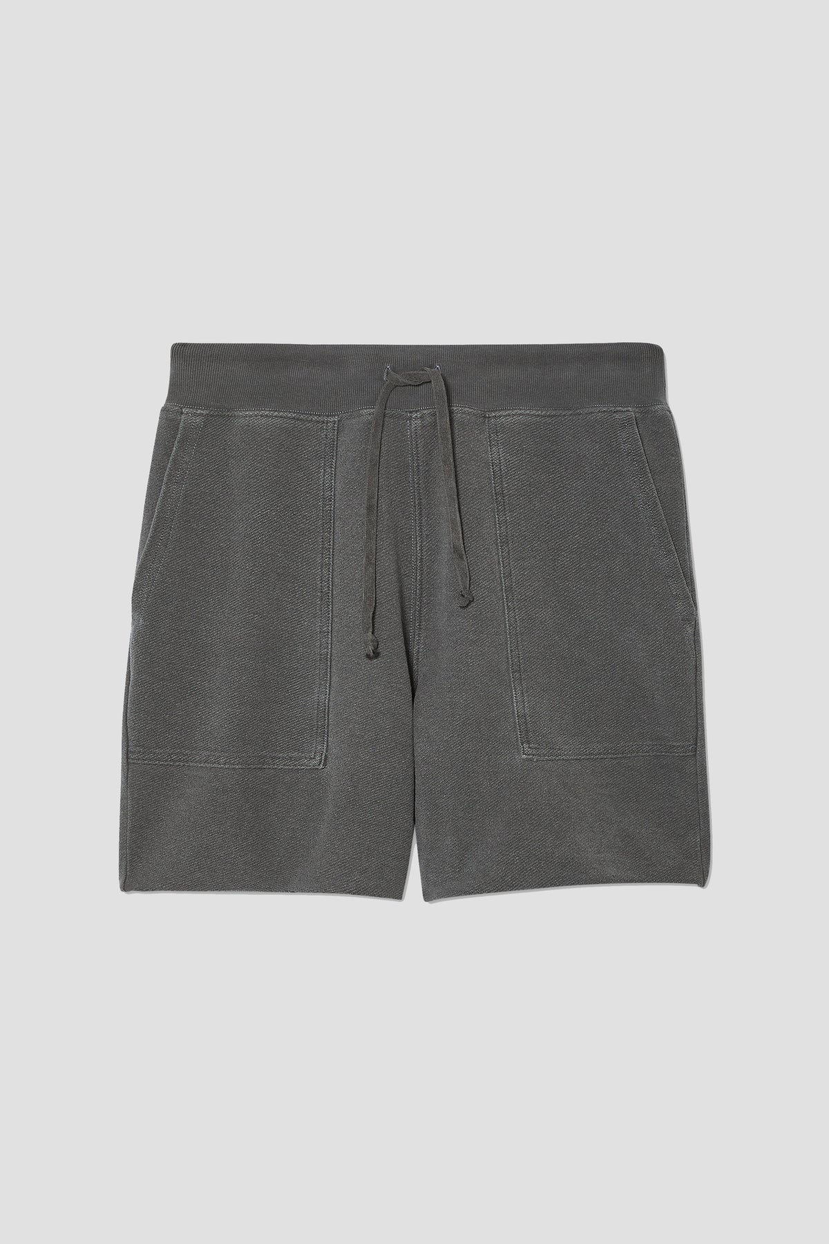 Gray terry utility sweat shorts with drawstring waist and side pockets