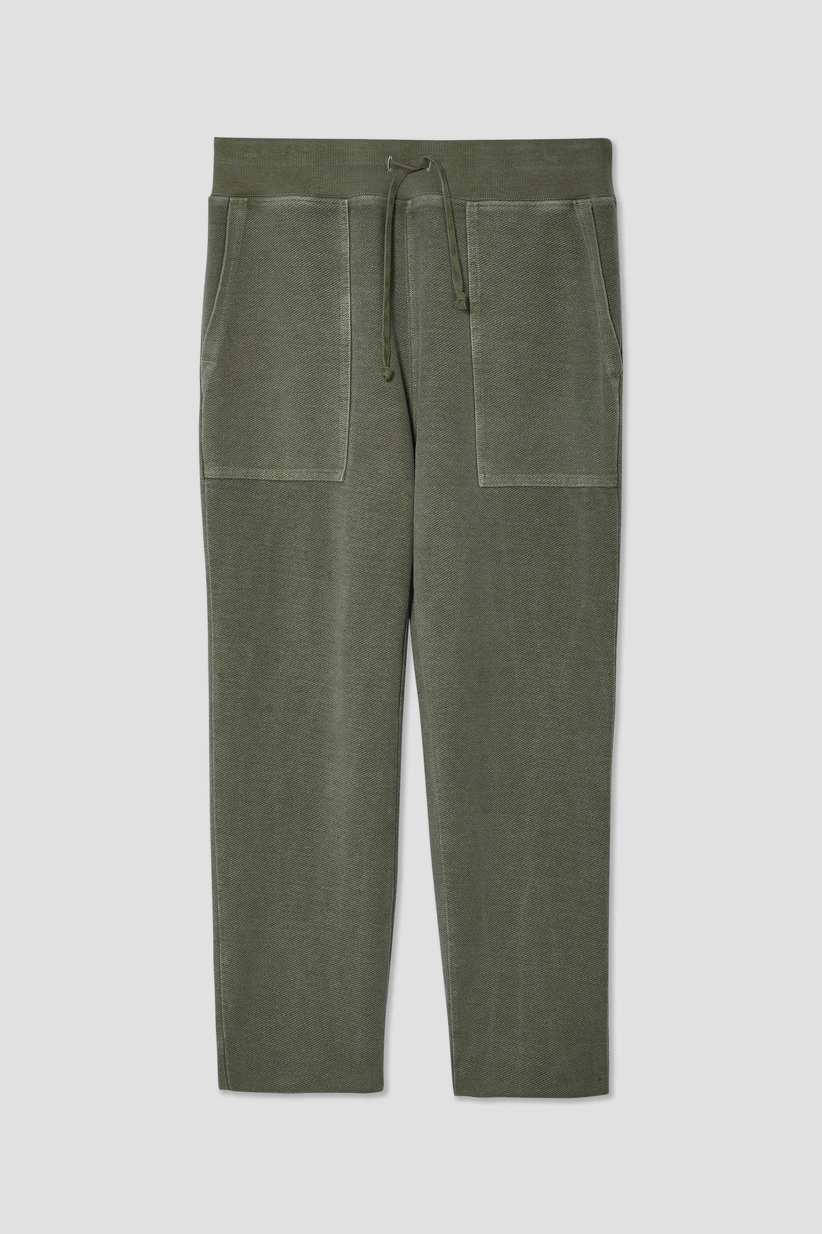 Olive terry sweat pants with elastic drawstring waist and two front pockets