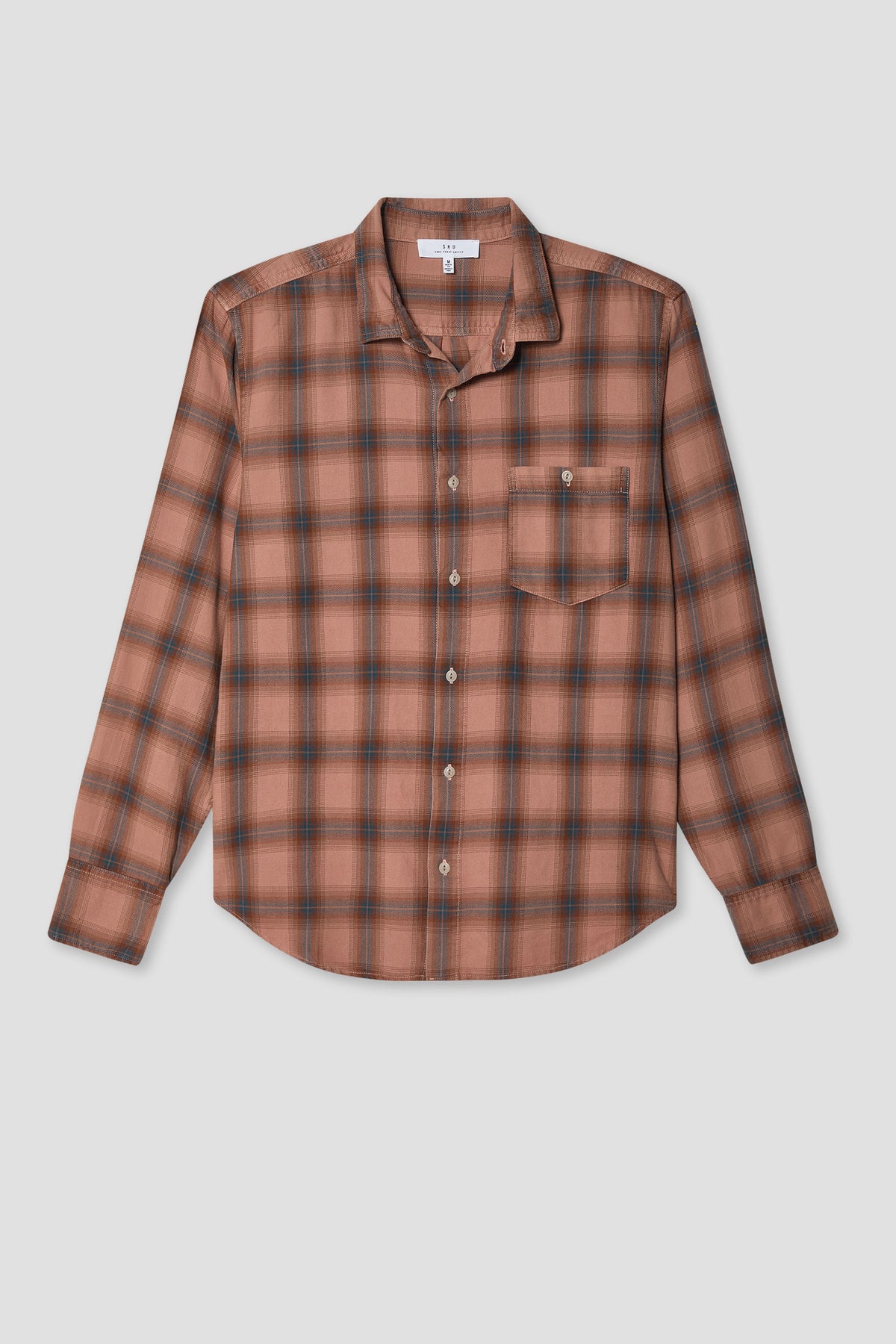 Men's flannel plaid shirt, rust-brown check, button front, chest pocket