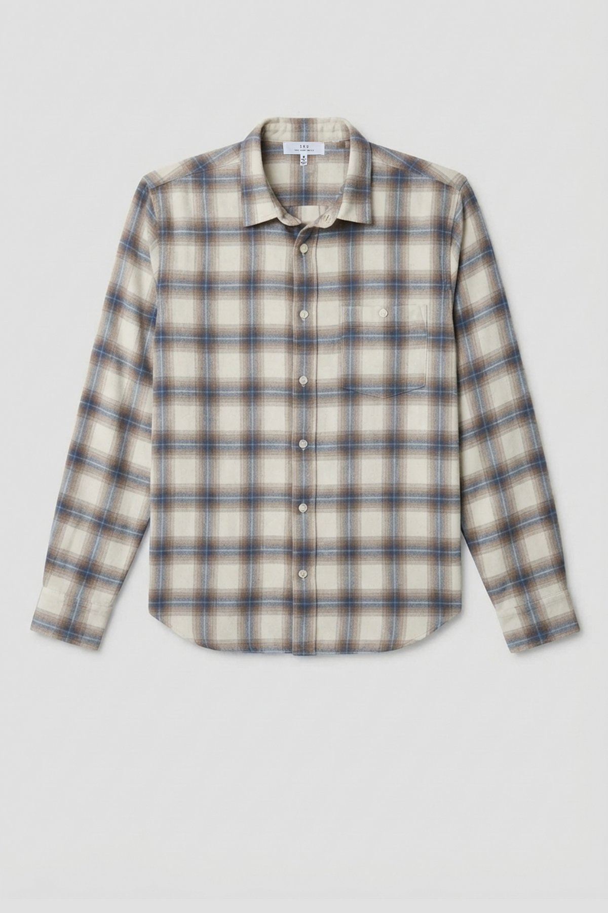 Men's flannel plaid shirt, light tan and blue check, button front, chest pocket