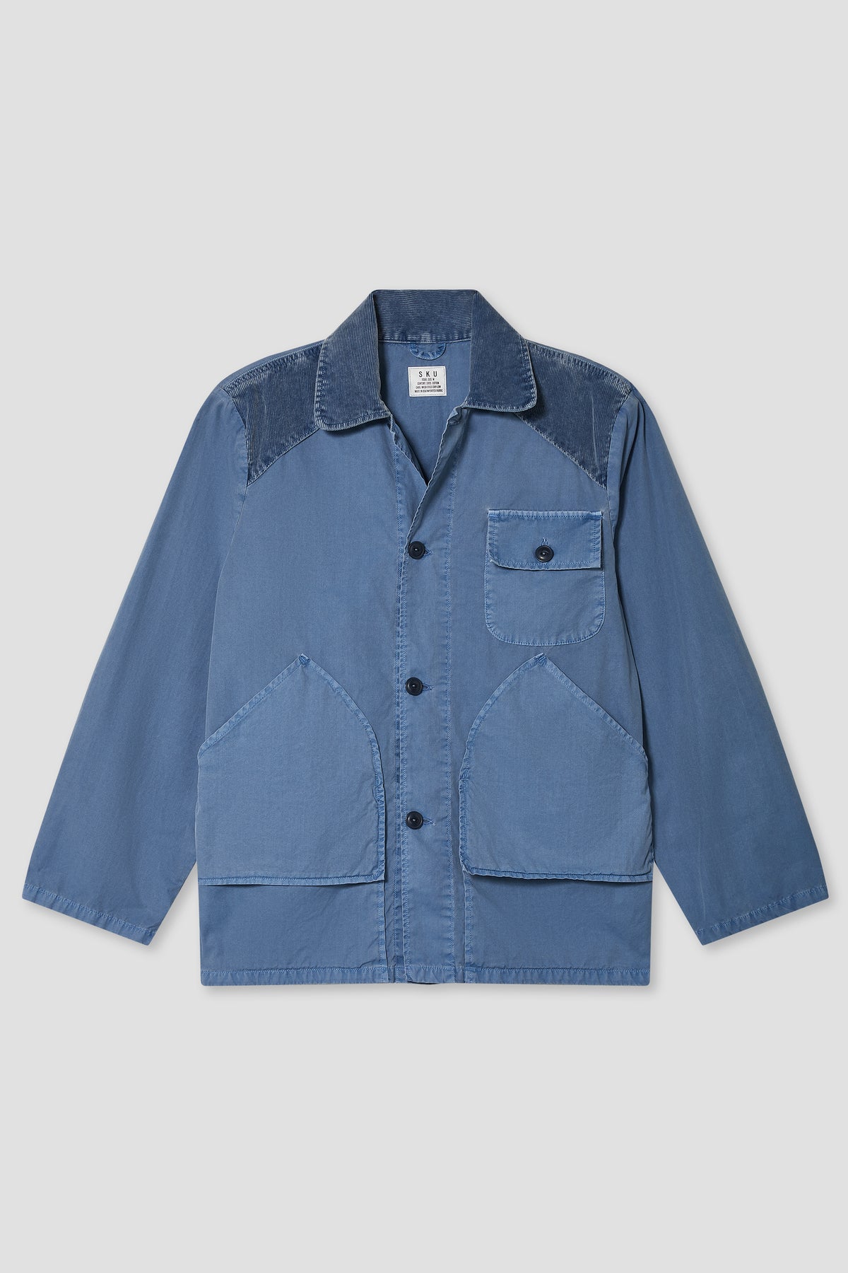Men's blue utility jacket with button front and chest pockets