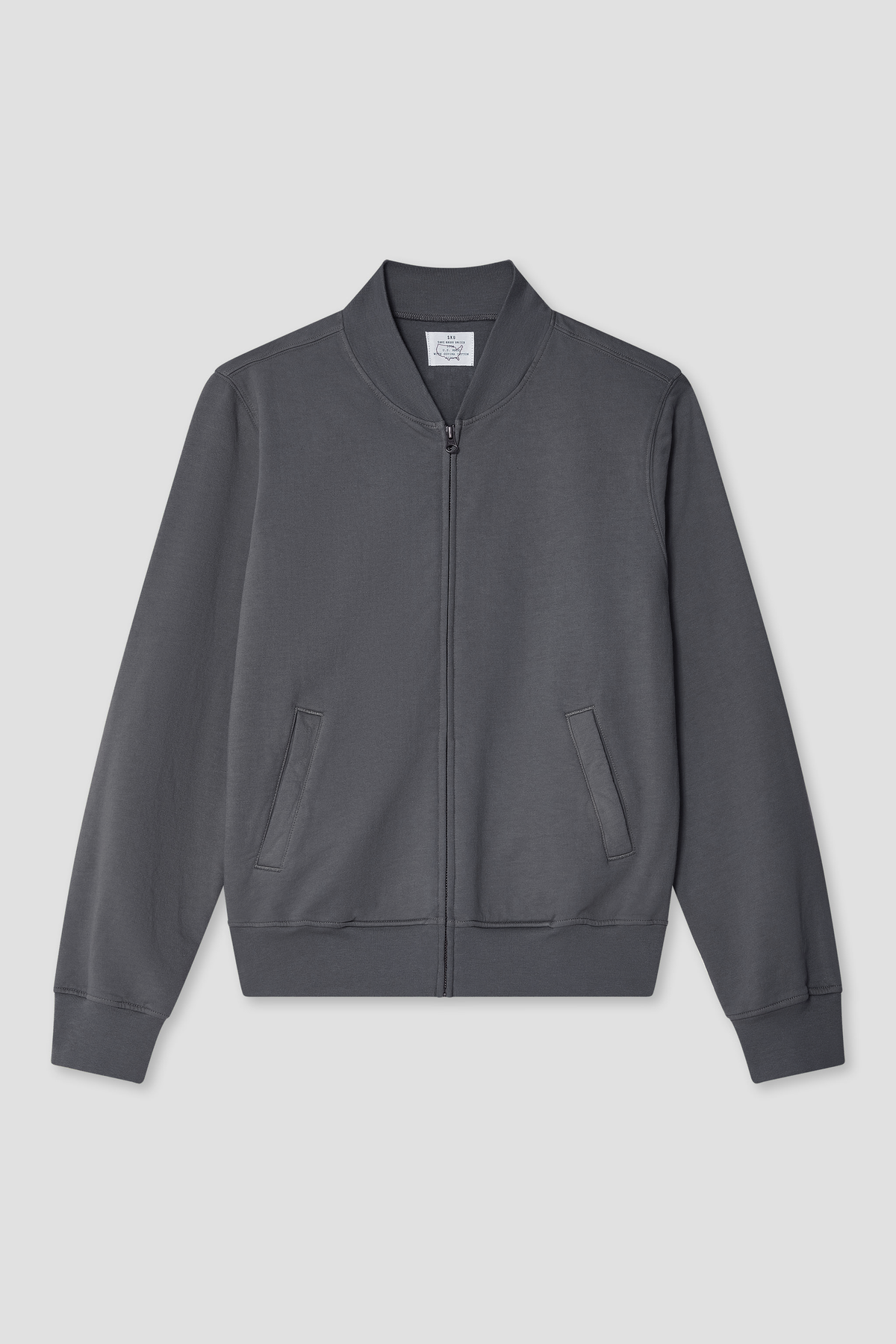 Gray zip bomber jacket with stand collar and two side pockets