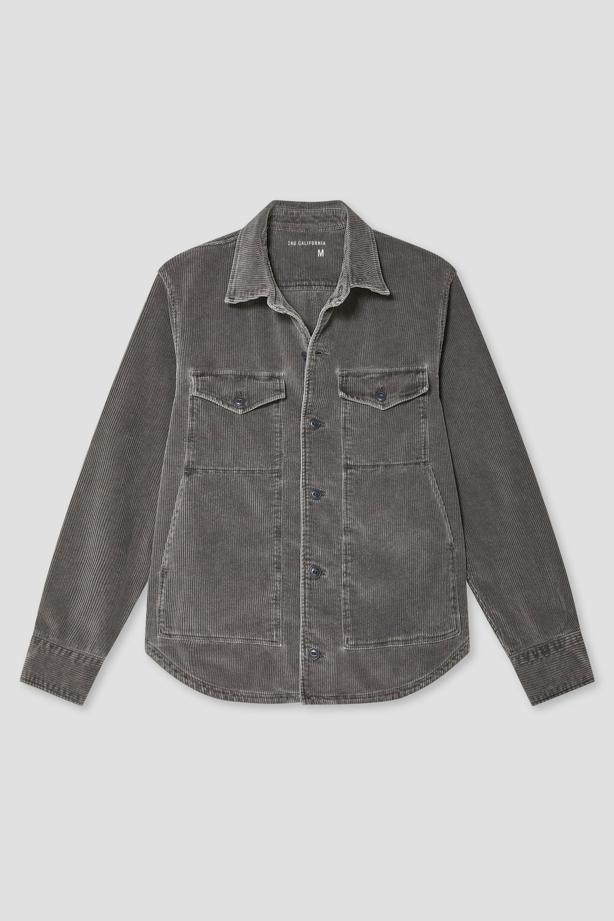 Charcoal wide wale corduroy trucker jacket with button front and flap chest pockets