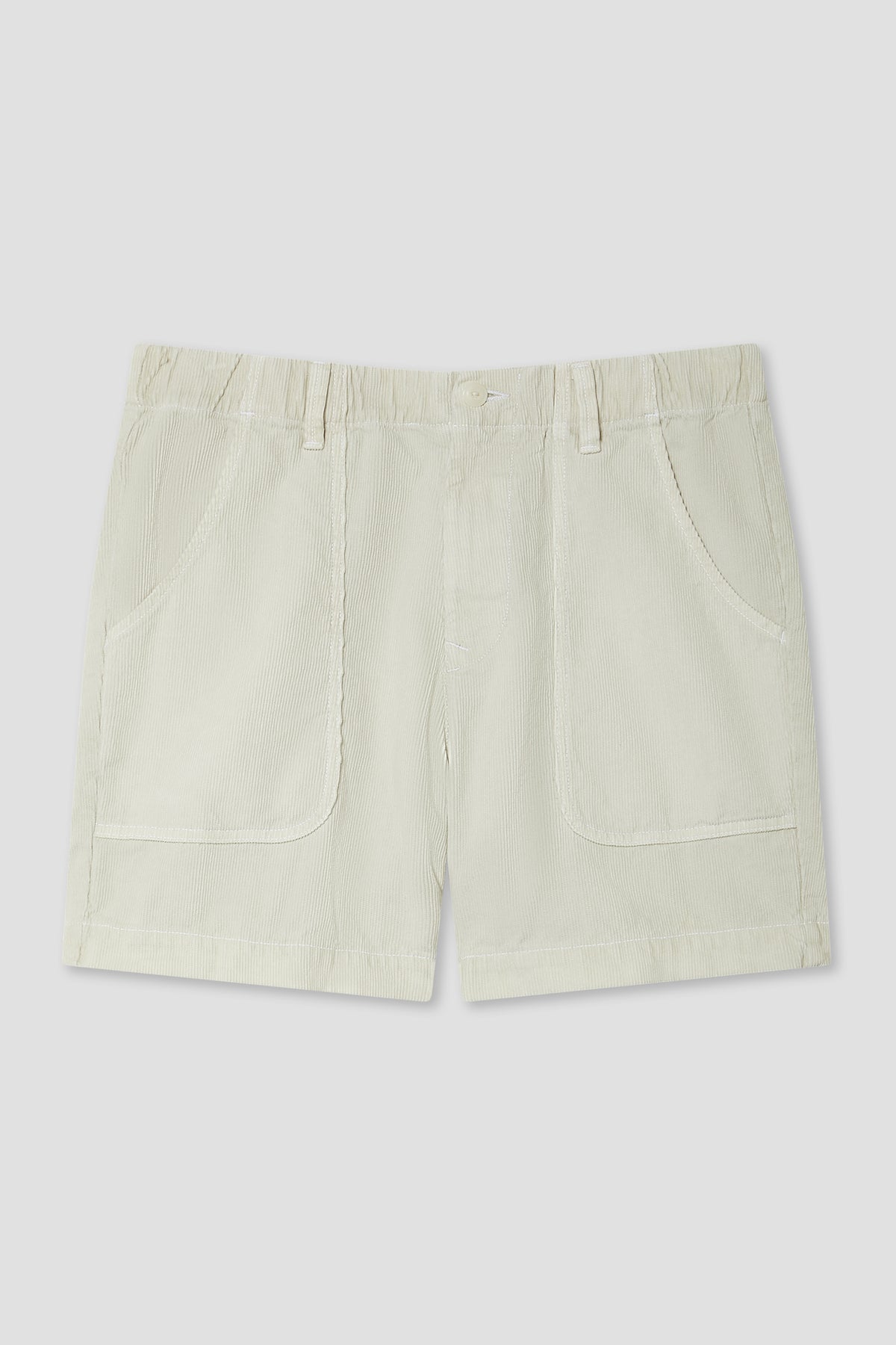 Light fawn cord sport shorts with elastic waistband and two front patch pockets