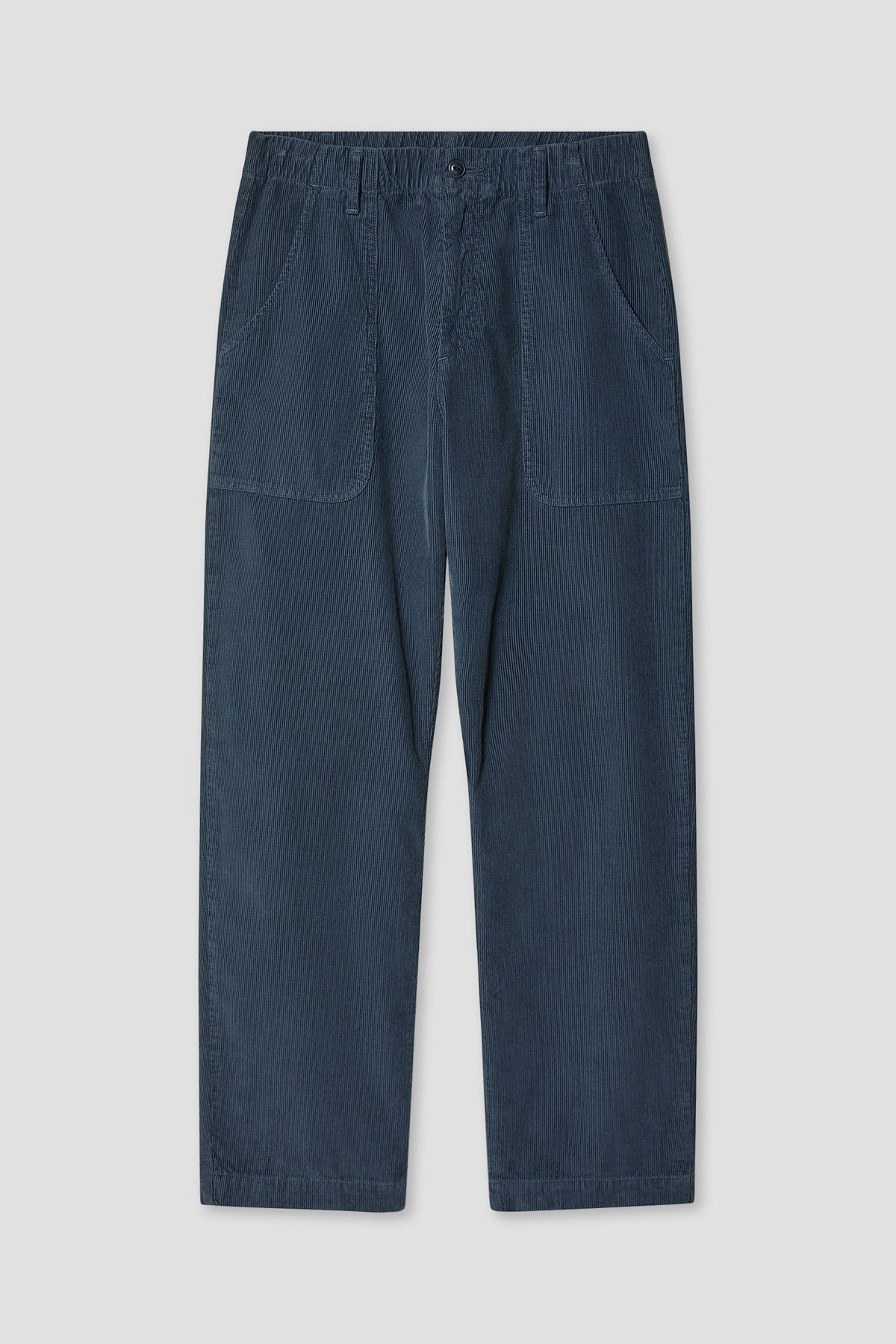 Dark blue corduroy pants with elastic waist and side patch pockets, straight legs