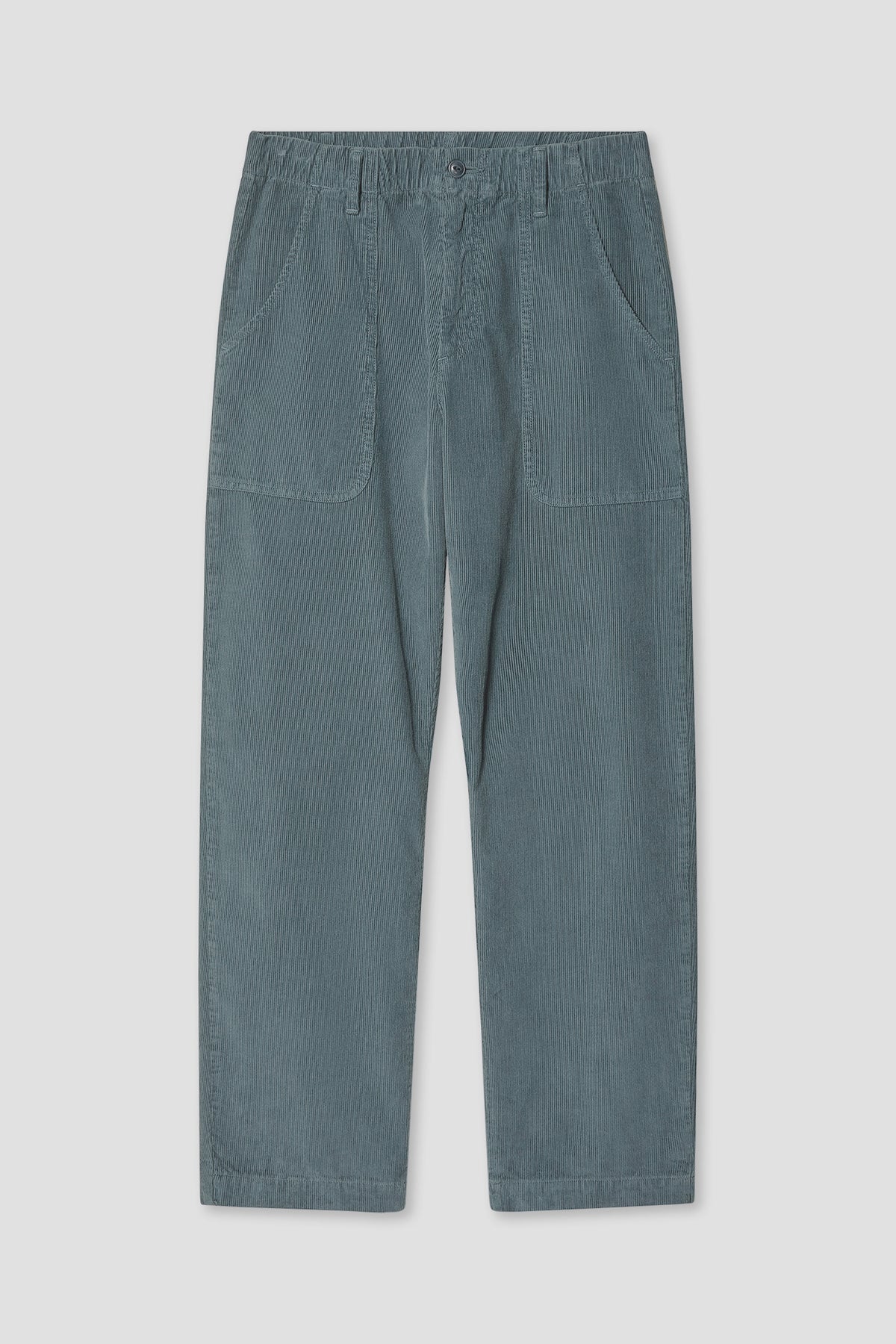 Blue corduroy pants with elastic waist and side patch pockets, straight leg fit