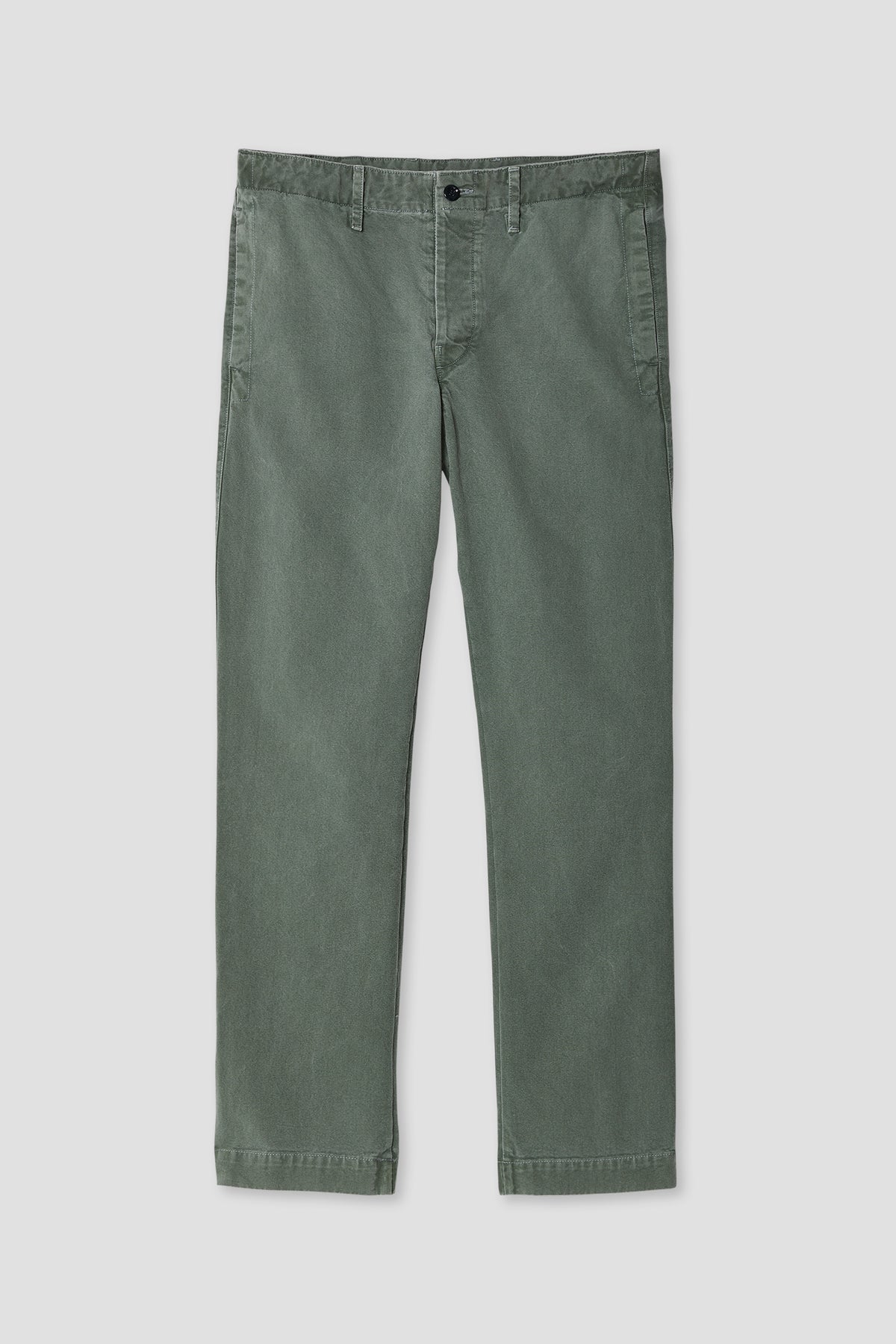 Green chino pants flat lay with button waist, belt loops, and straight legs