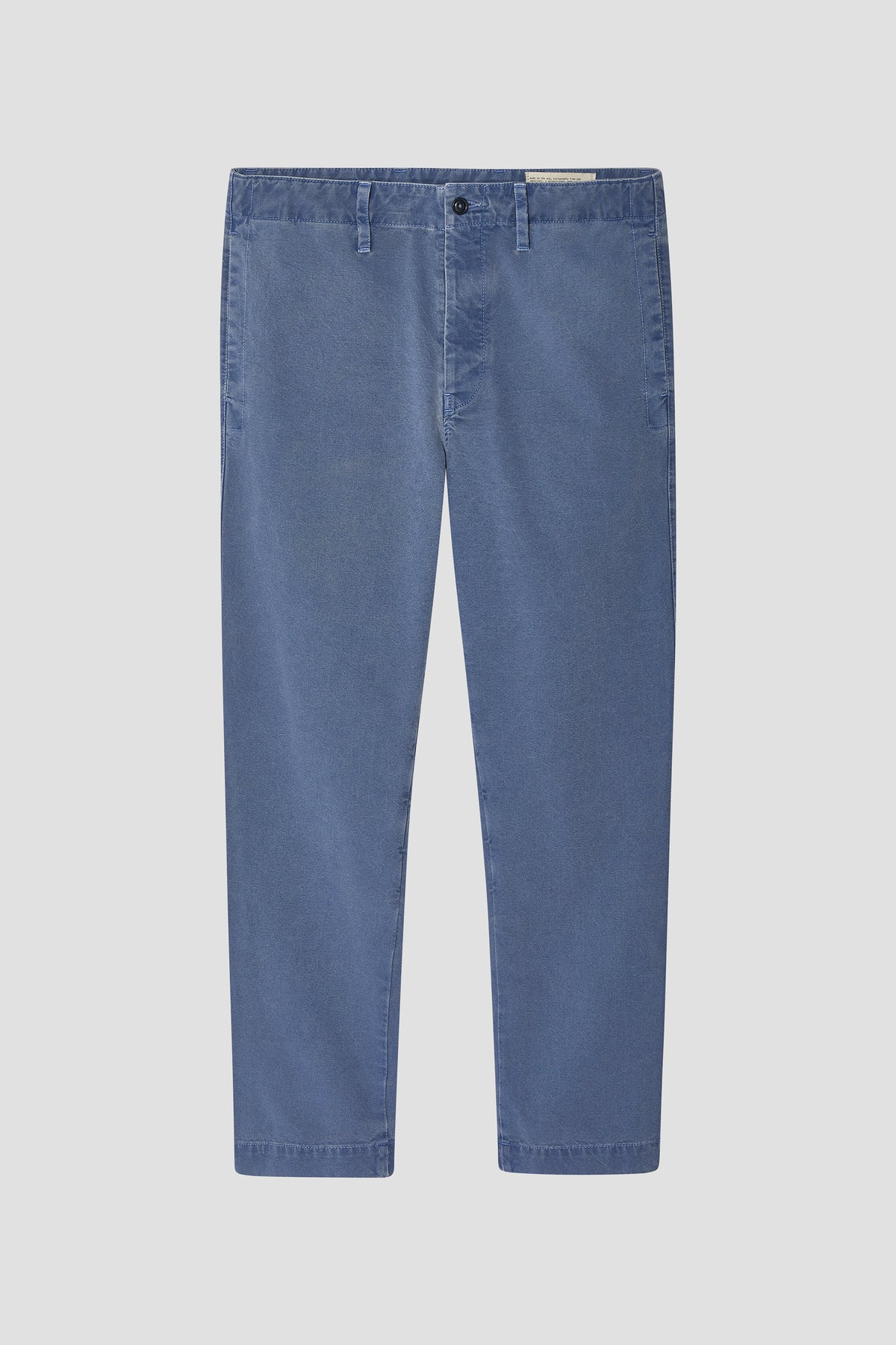Faded blue chino pants with button waist, belt loops, and straight tapered legs