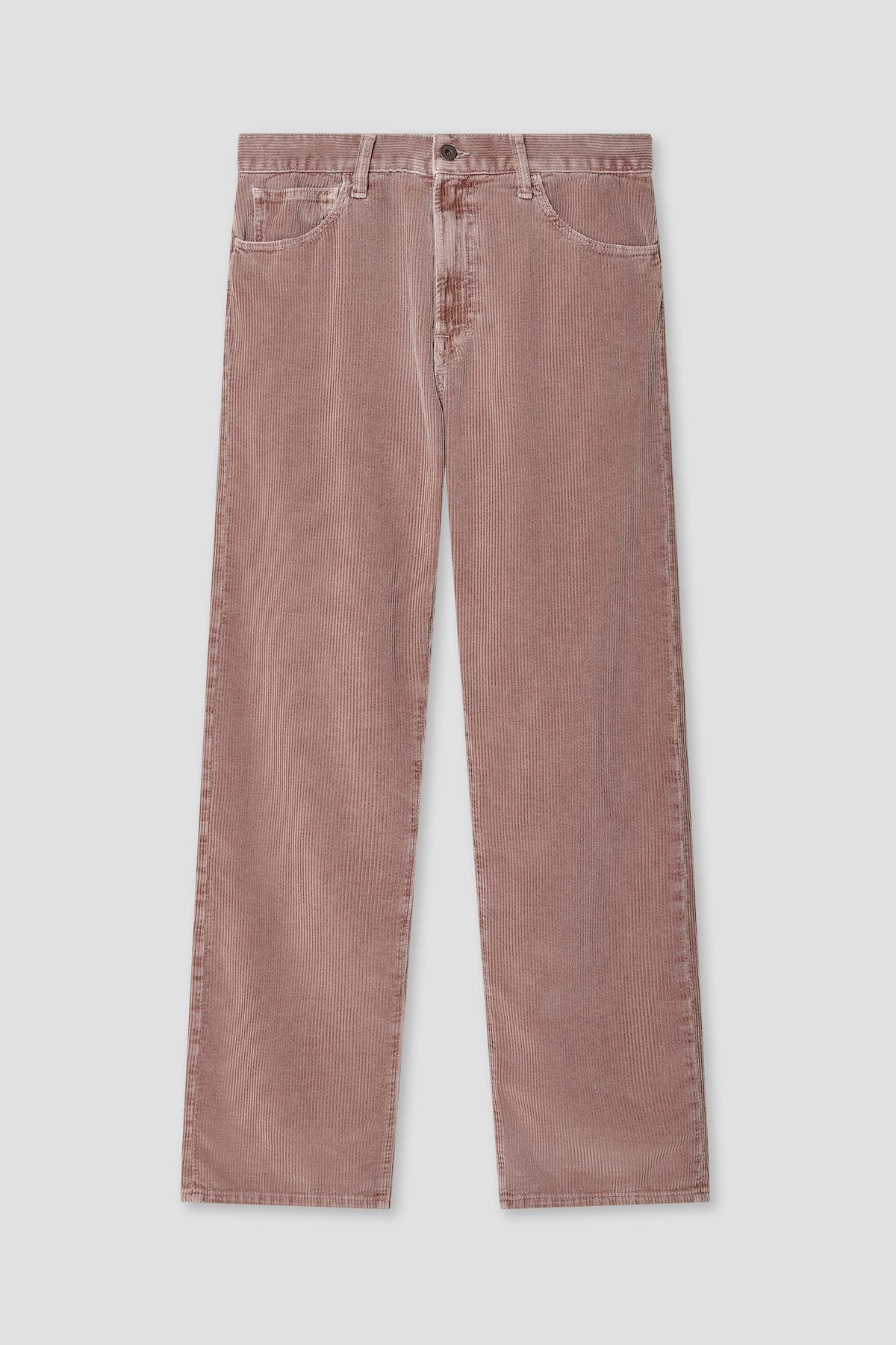 Straight-leg five-pocket corduroy jeans in muted rose, shown from the front
