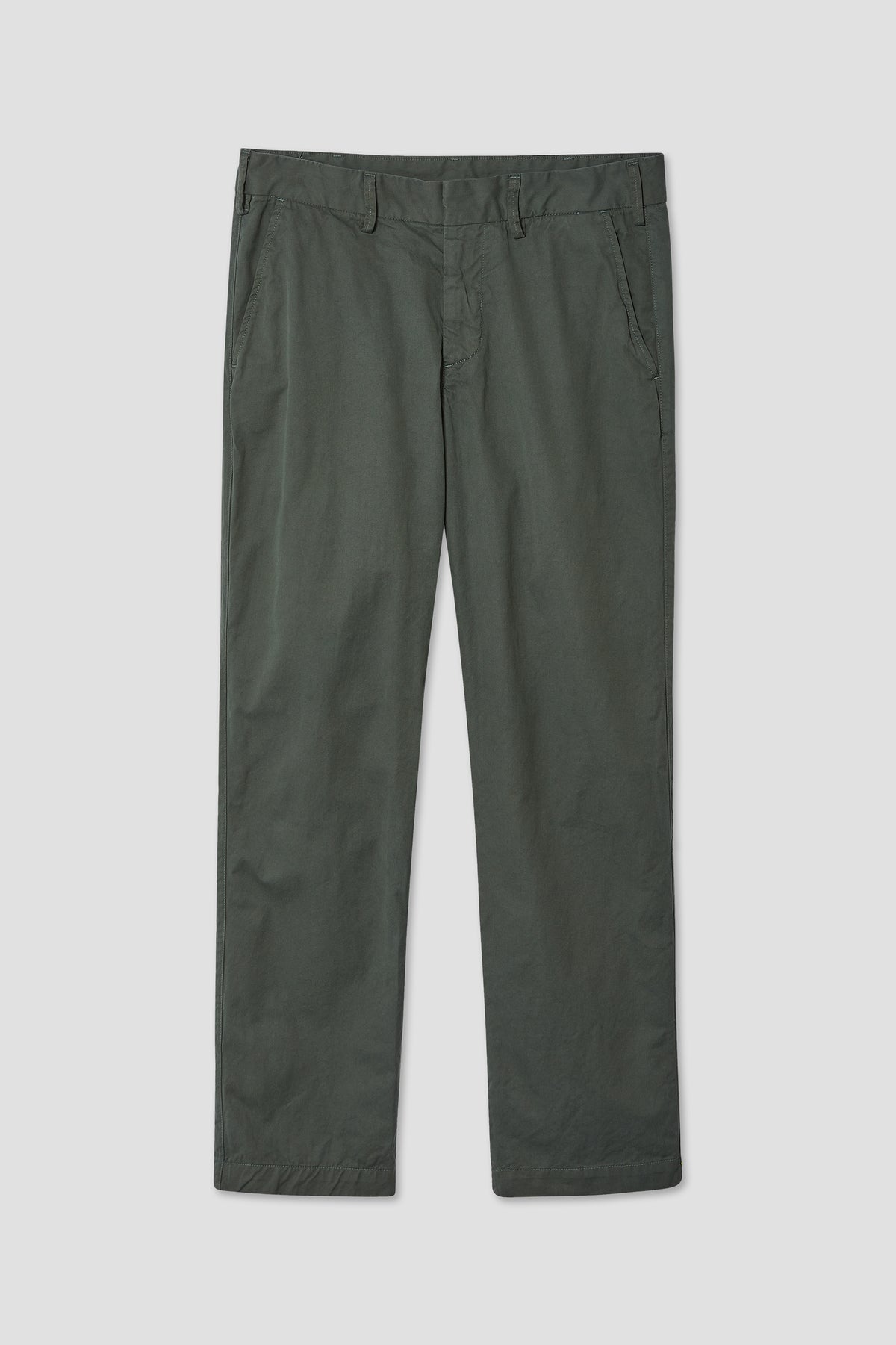 Olive green twill chino pants with button closure and straight legs