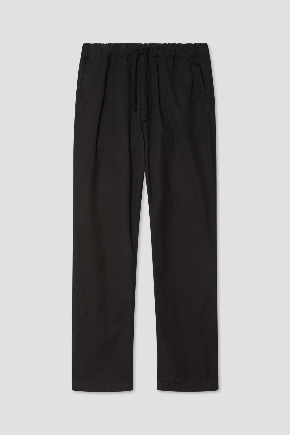 Black twill easy chino pants with elastic waistband and drawstring, straight legs