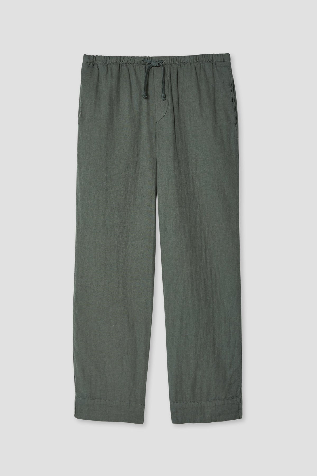 Gauze lounge pants in dark green, elastic waistband and drawstring tie