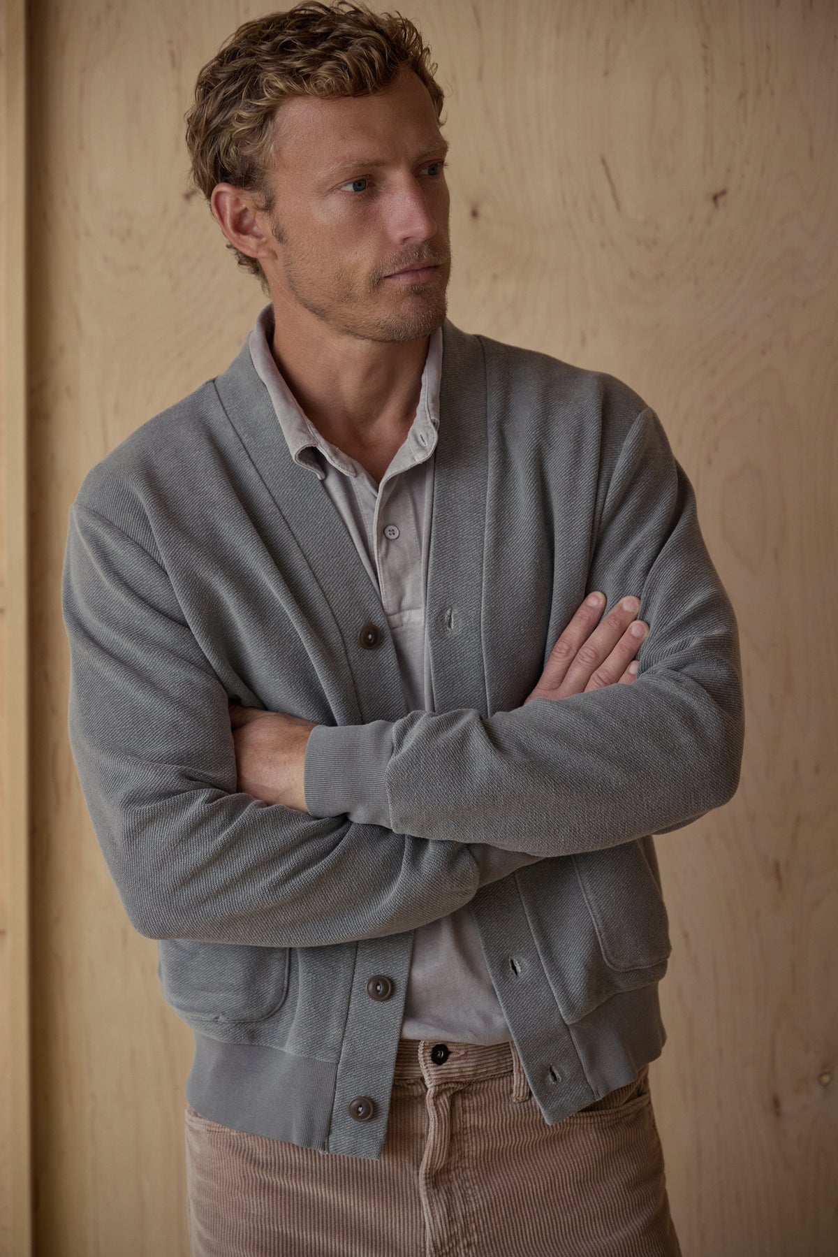 Gray twill terry cardigan with V-neck button front and front patch pockets