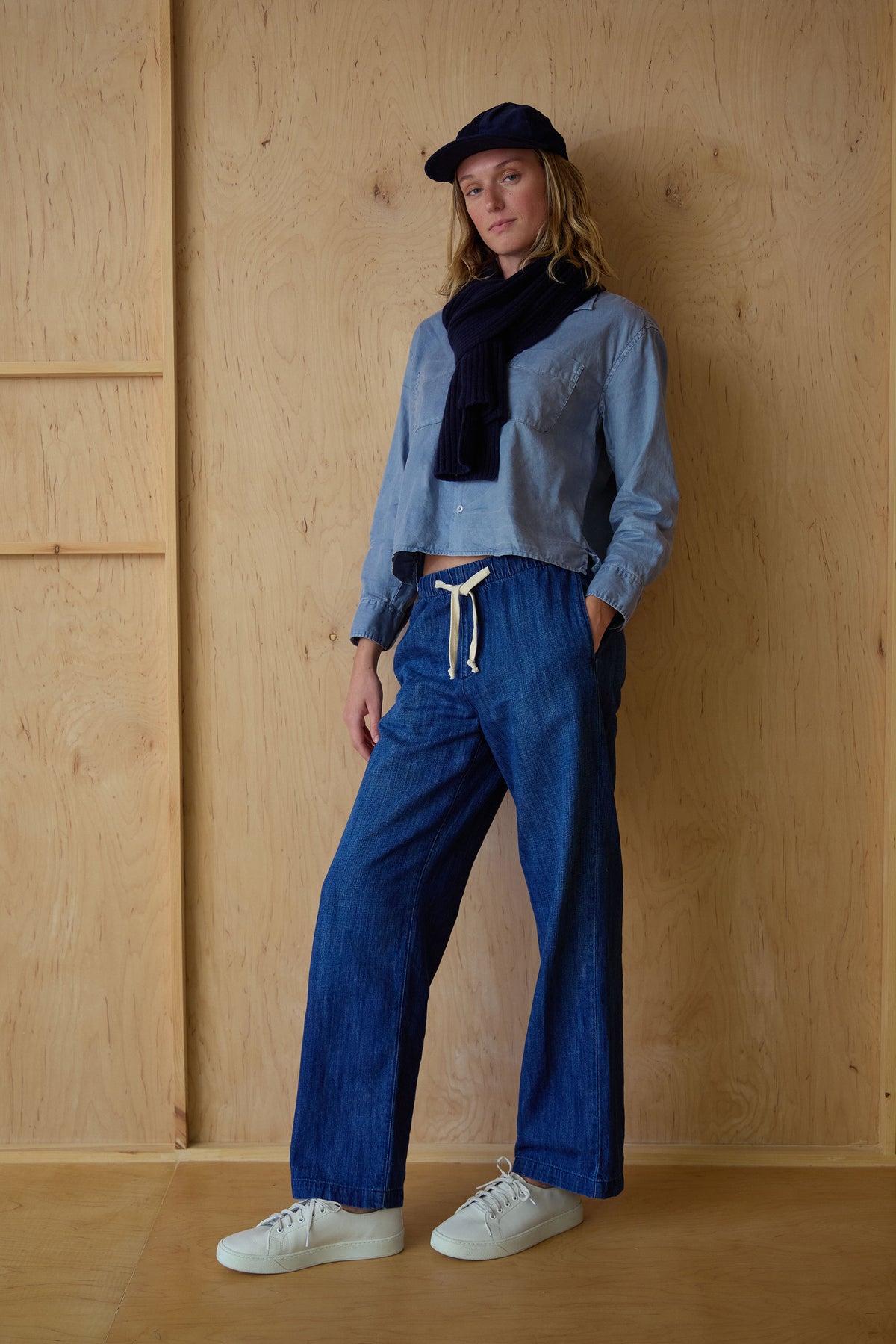 Denim wide-leg pants with tie drawstring waist and full length legs