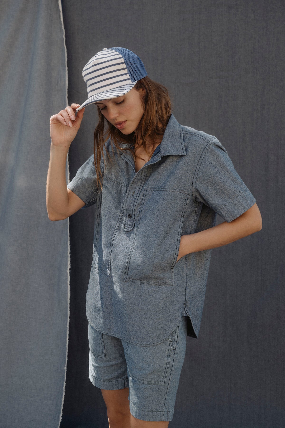 Blue chambray deck shirt, short sleeves, button front, chest pocket