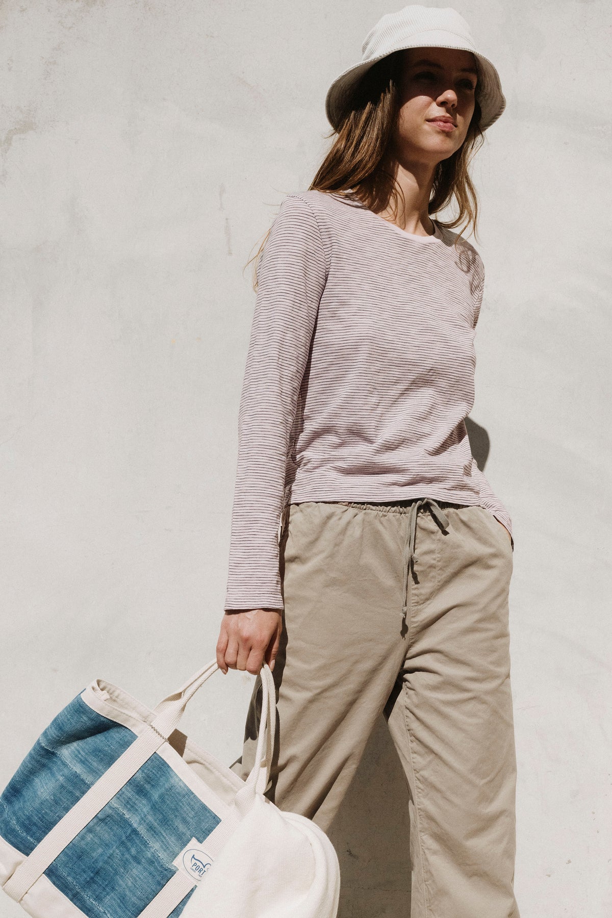 Long-sleeve thin stripe boy tee, light lilac, crew neck, long sleeve
