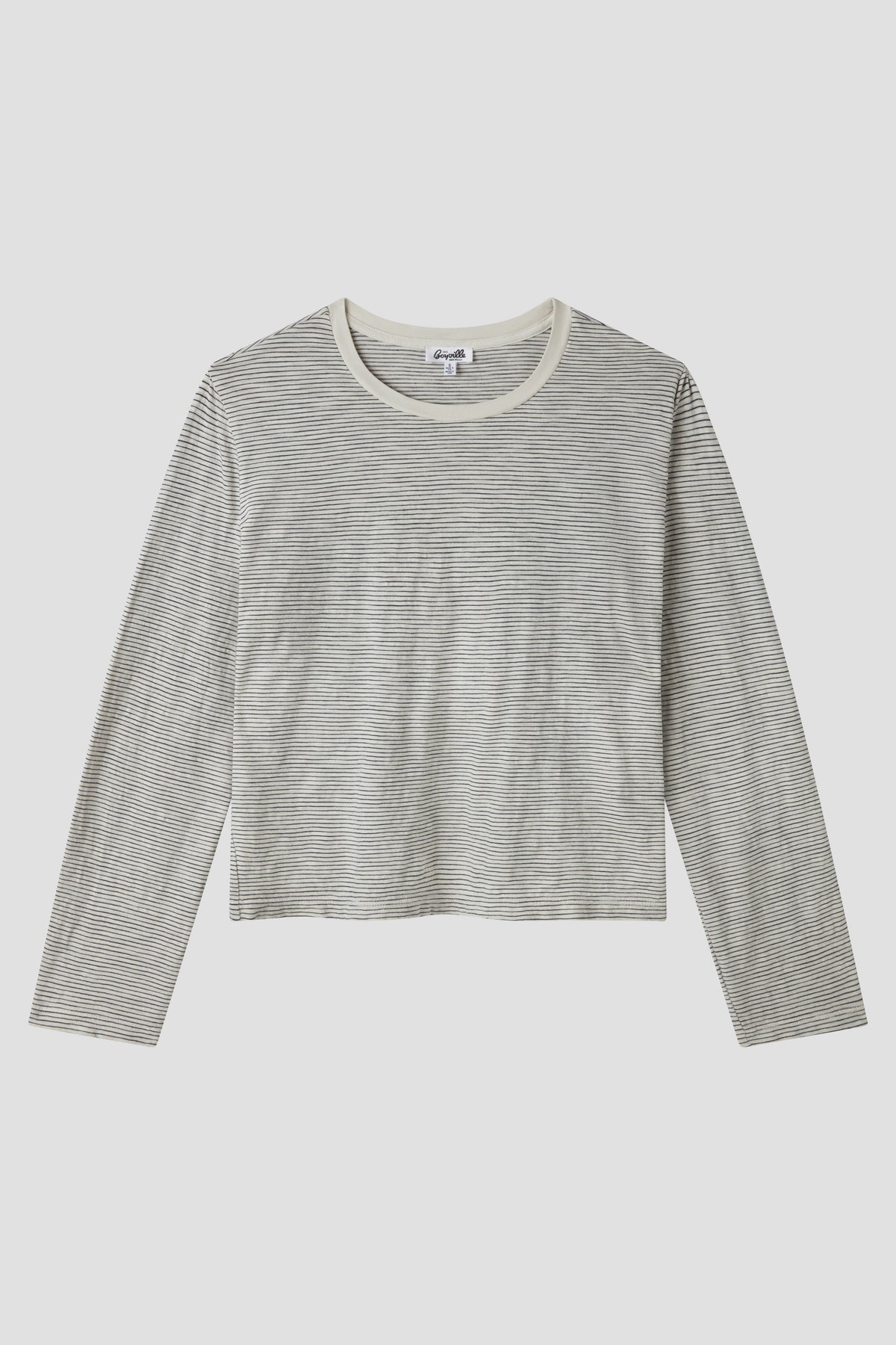 Long-sleeve thin stripe boy tee, gray with thin stripes, crew neck, long sleeves