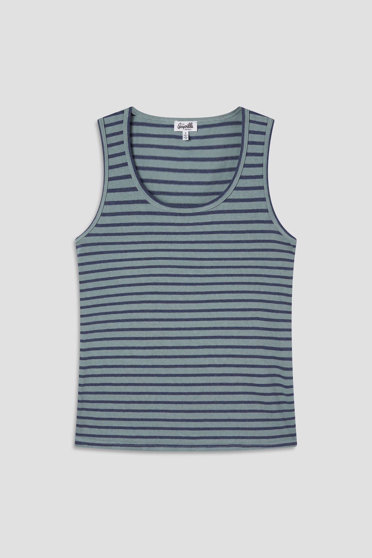 Boyville hemp stripe tank top, sleeveless with dark stripes on teal-blue fabric