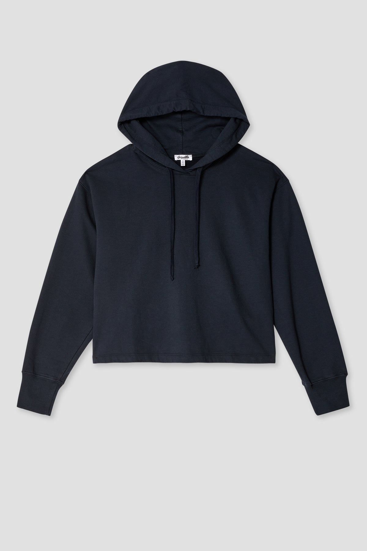 Cropped fleece hoodie in dark navy with hood and center front drawstring